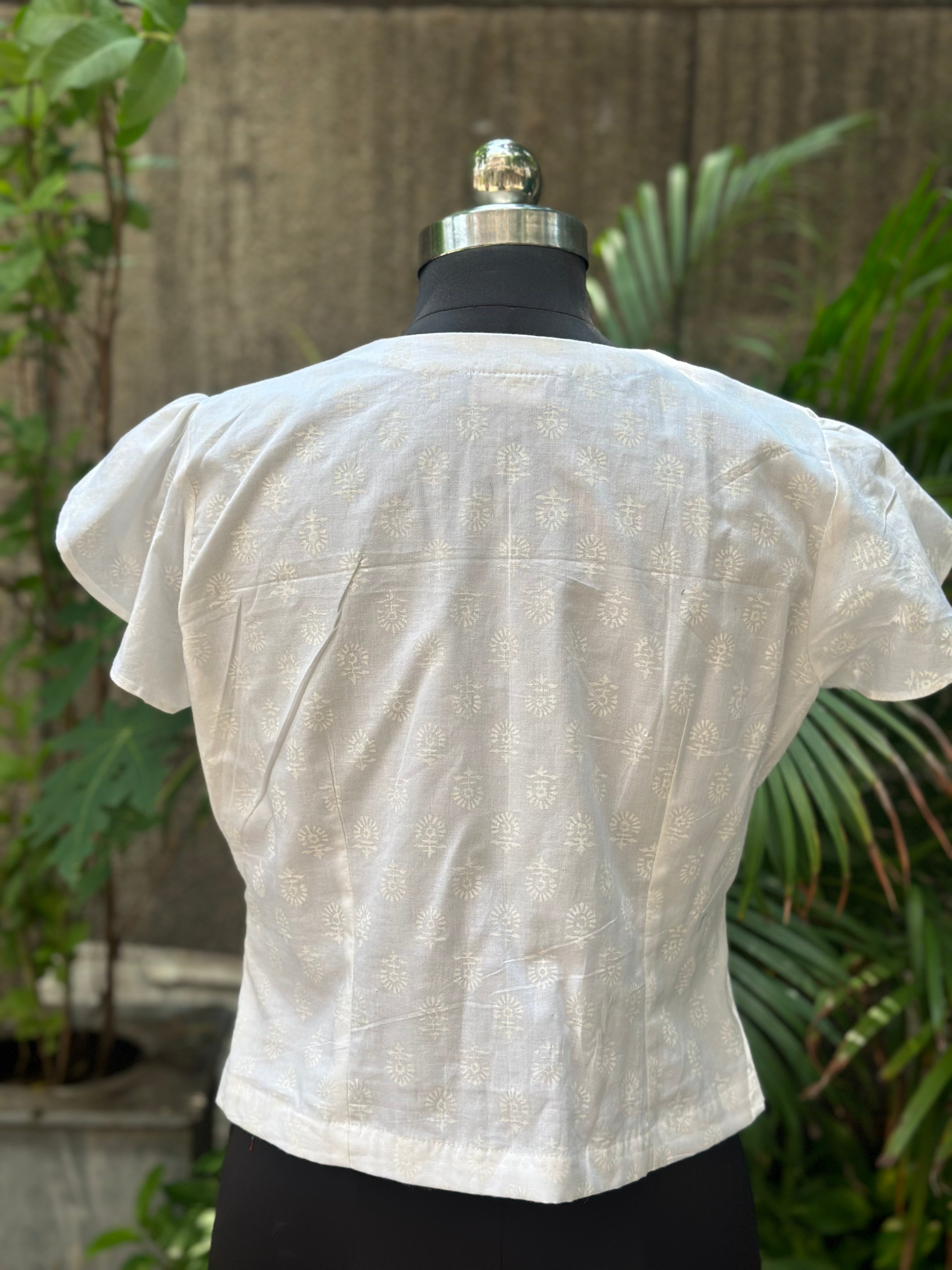 White handblock print half collored neck cotton top