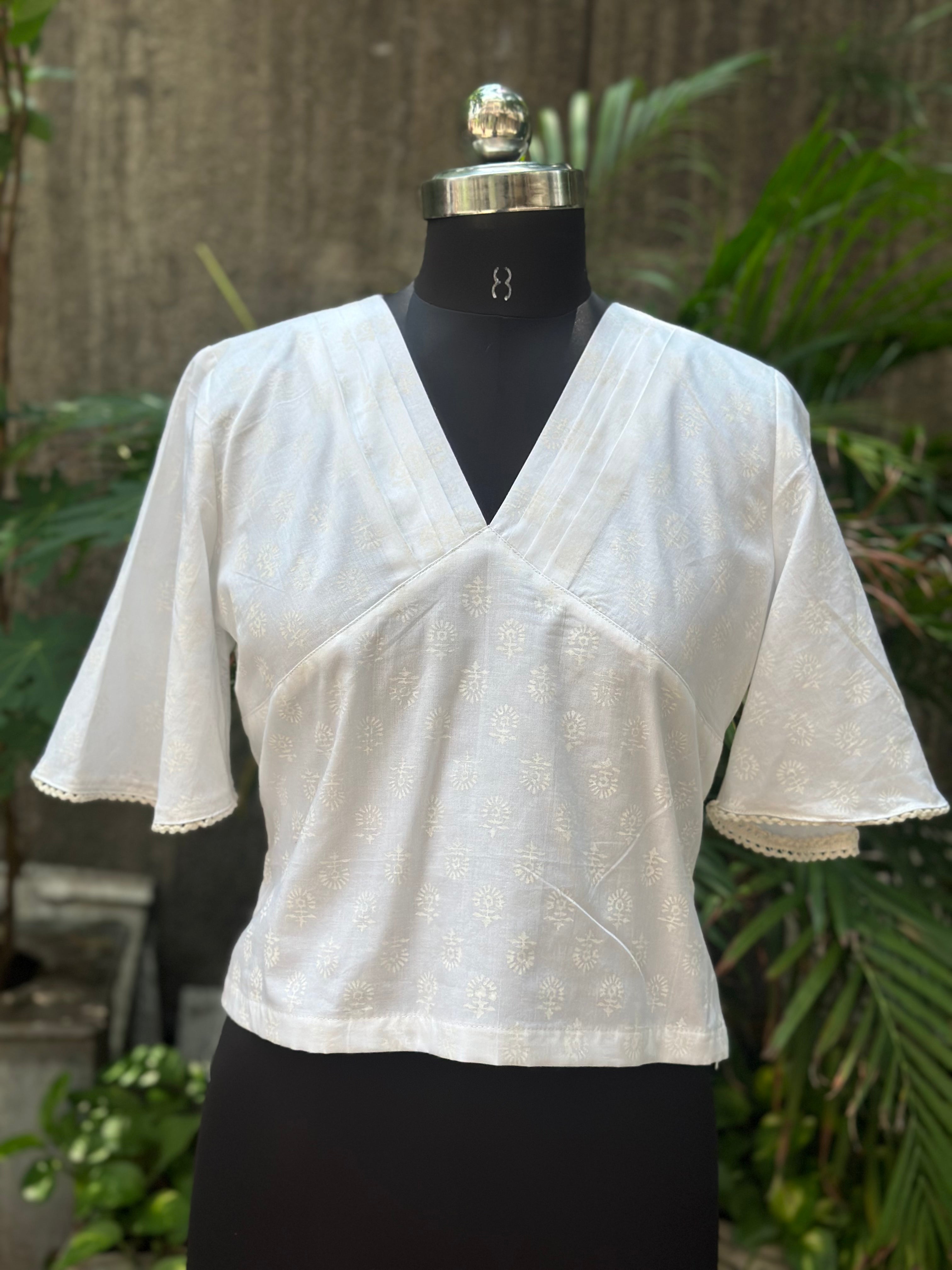 White handblock print V-neck cotton top with butterfly sleeves