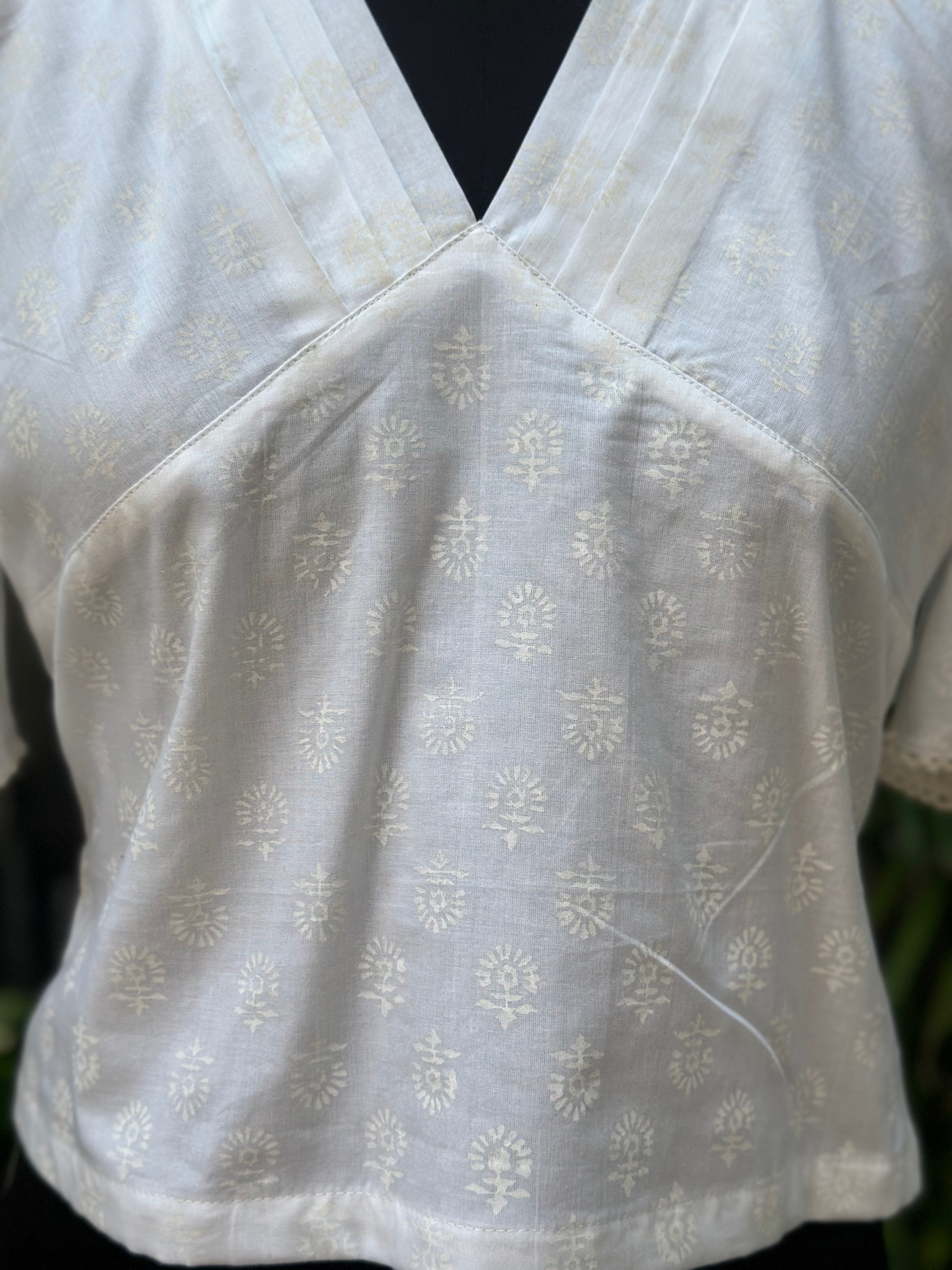 White handblock print V-neck cotton top with butterfly sleeves