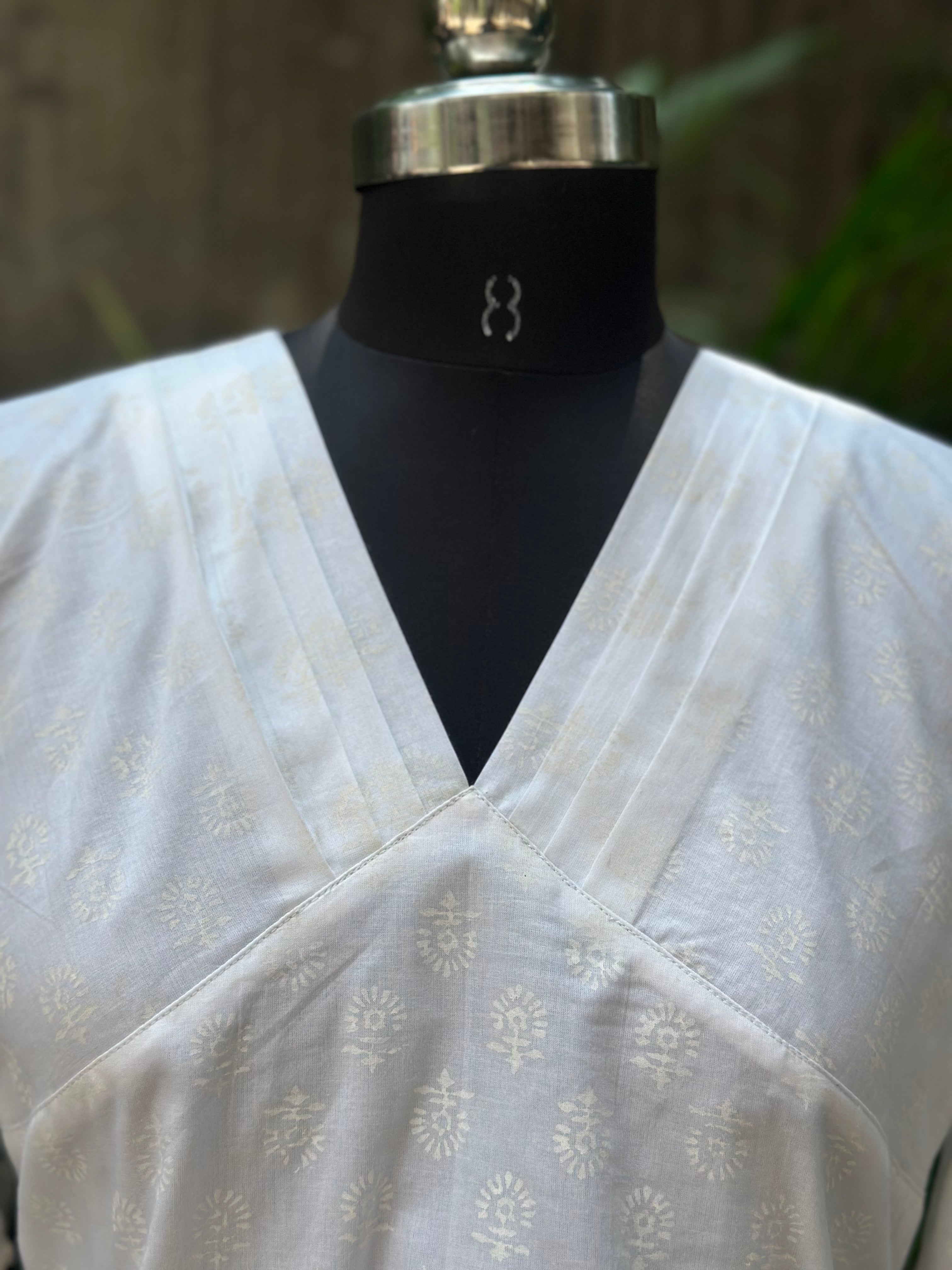 White handblock print V-neck cotton top with butterfly sleeves