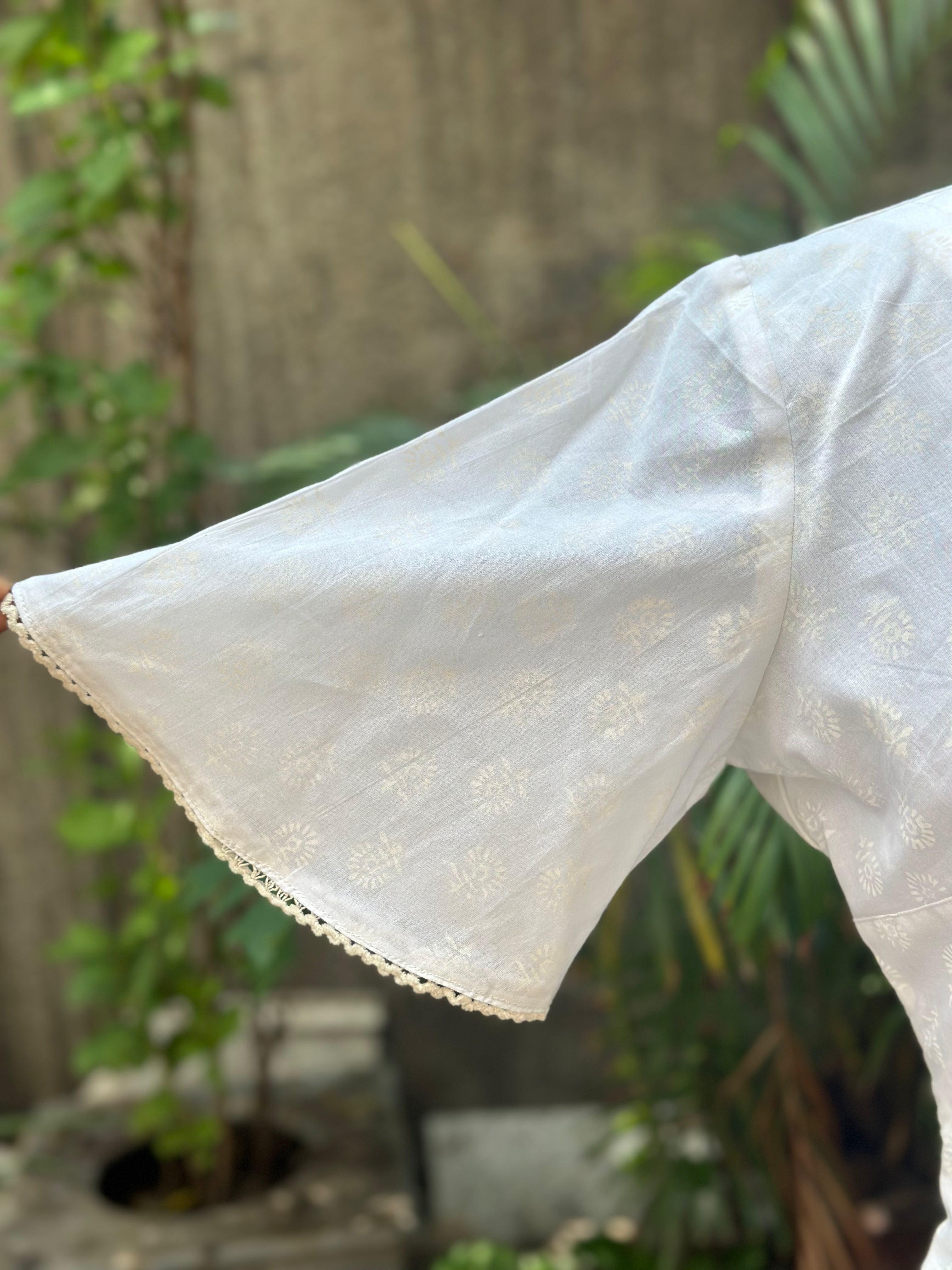 White handblock print V-neck cotton top with butterfly sleeves
