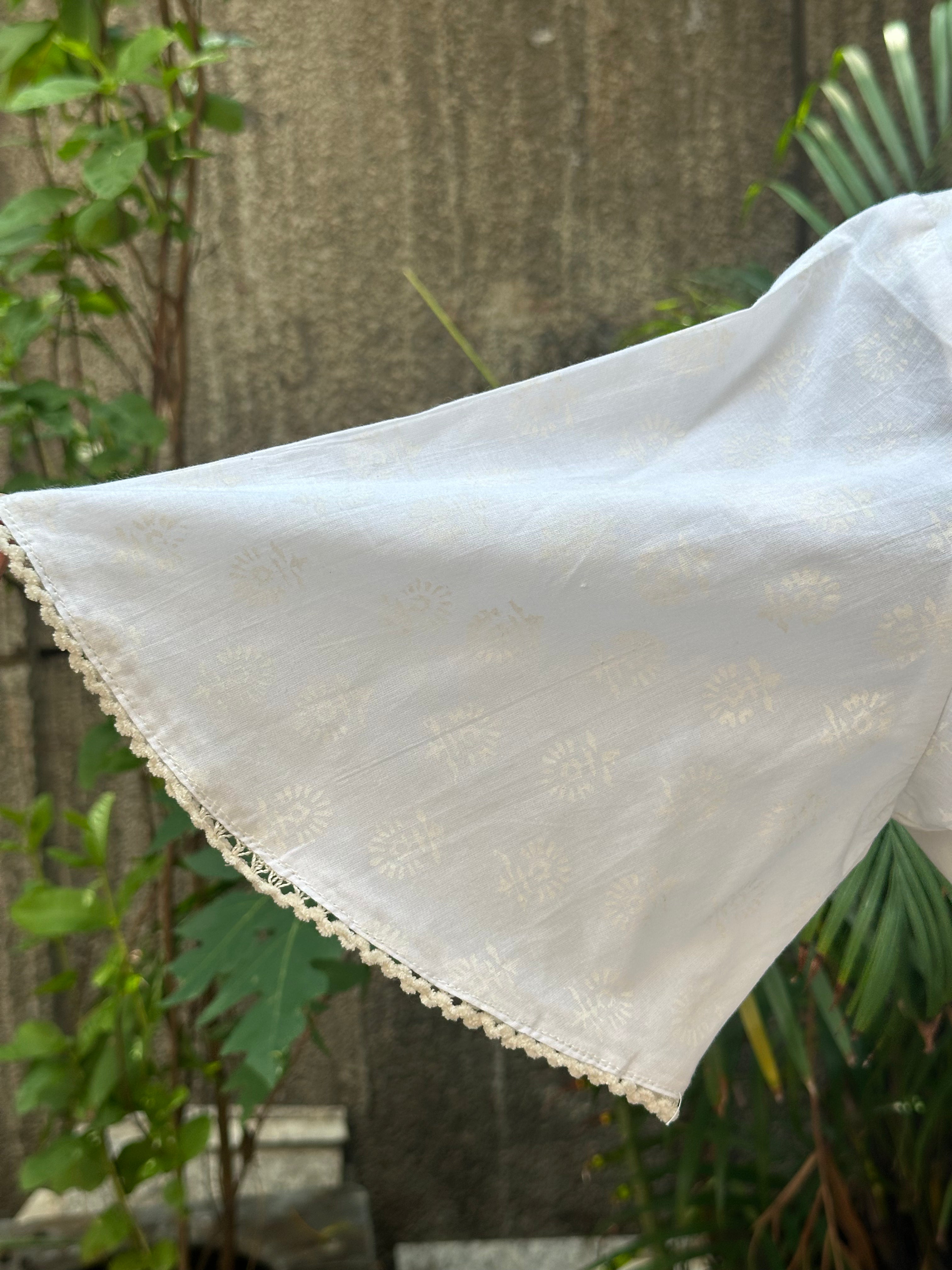White handblock print V-neck cotton top with butterfly sleeves
