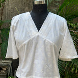 White handblock print V-neck cotton top with butterfly sleeves