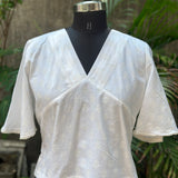 White handblock print V-neck cotton top with butterfly sleeves
