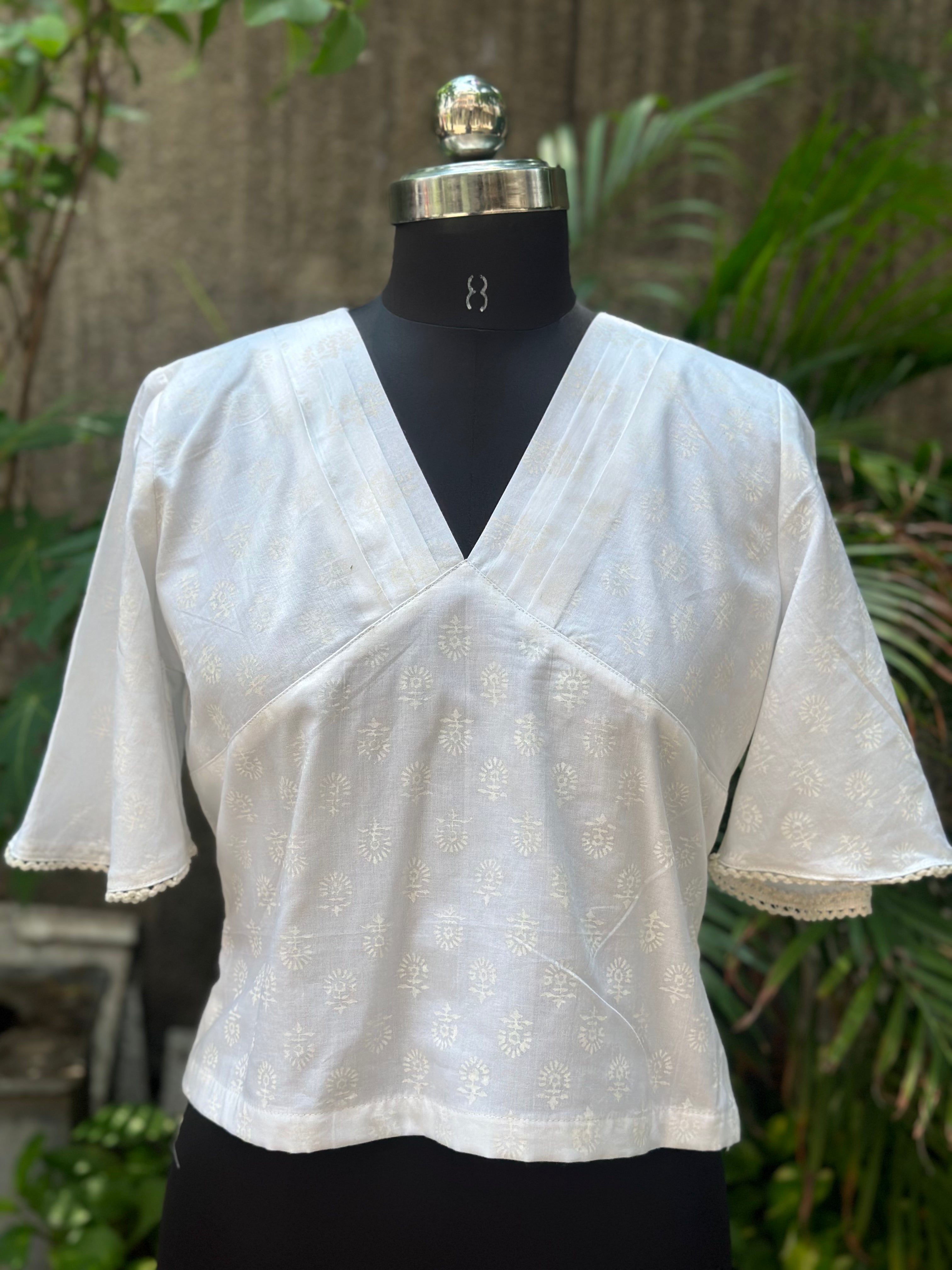 White handblock print V-neck cotton top with butterfly sleeves