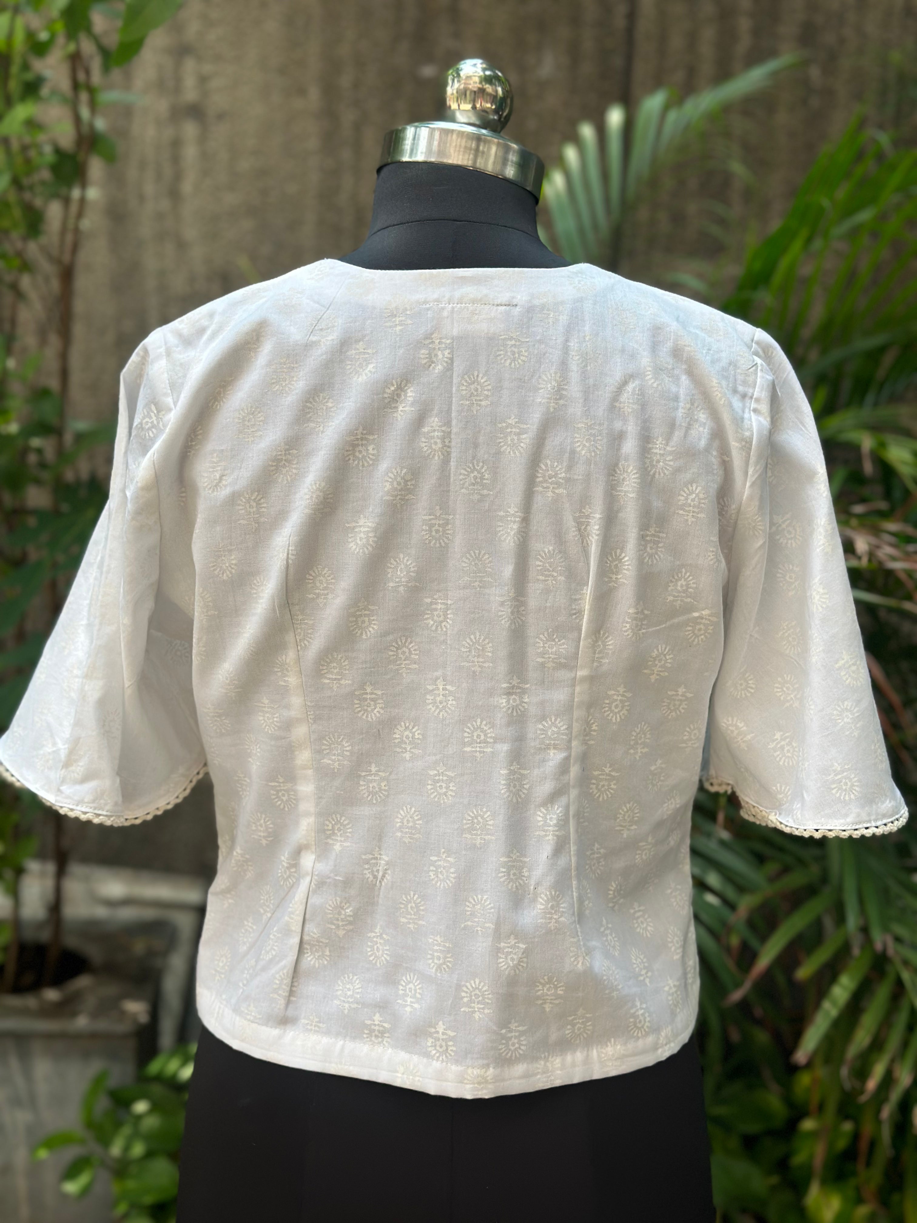 White handblock print V-neck cotton top with butterfly sleeves