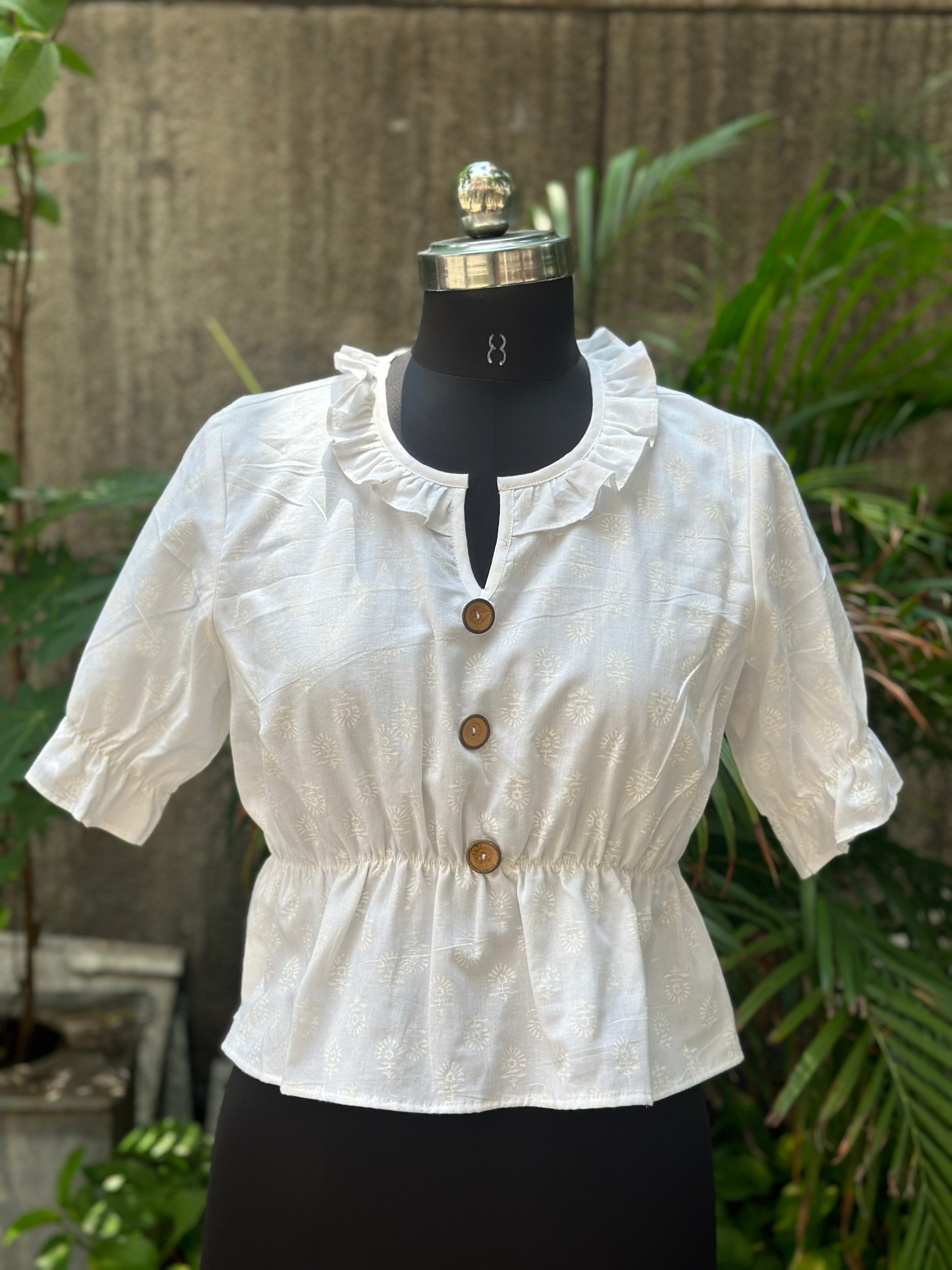 White handblock print frilled neckline white cotton peplum top