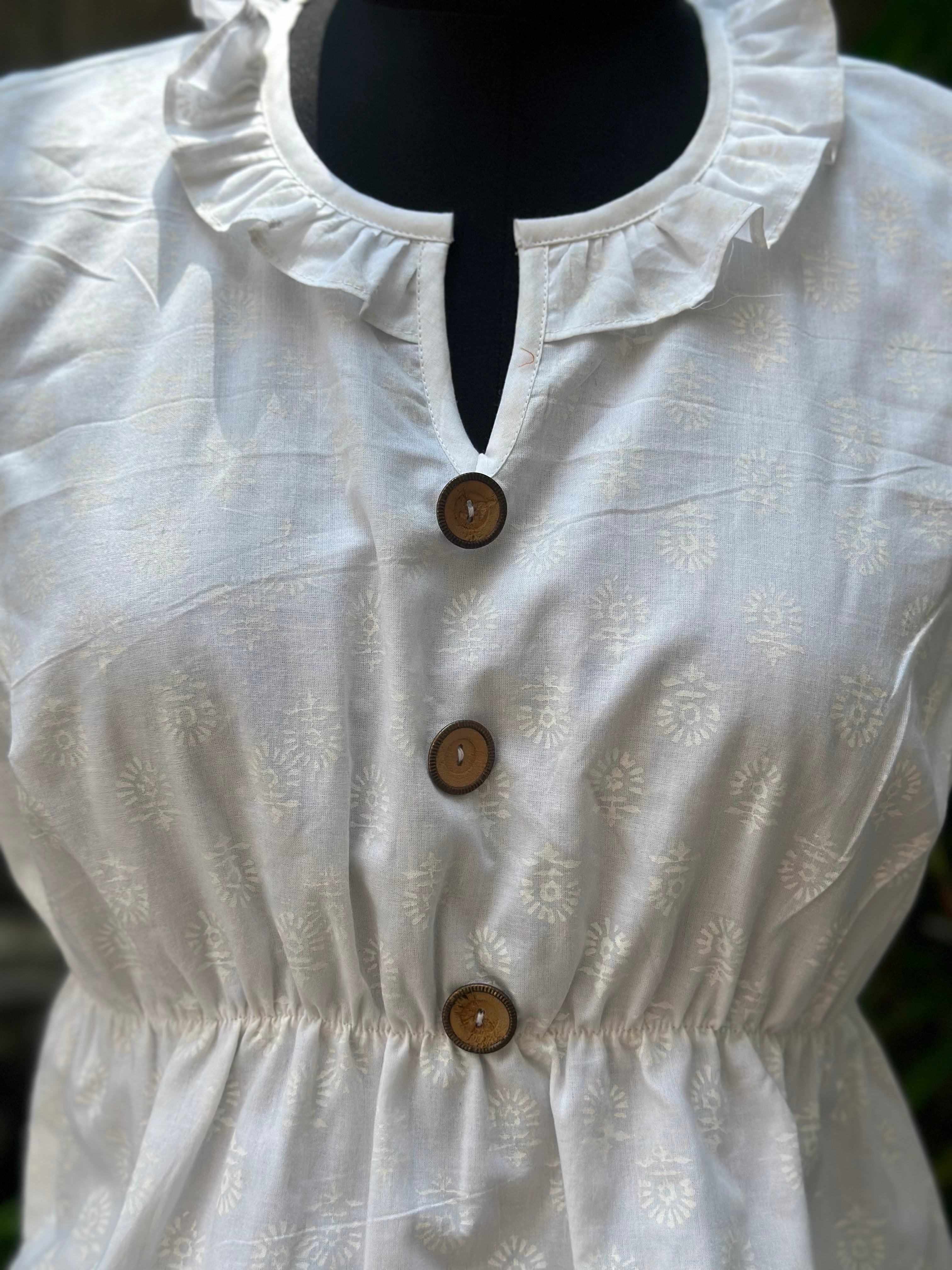White handblock print frilled neckline white cotton peplum top
