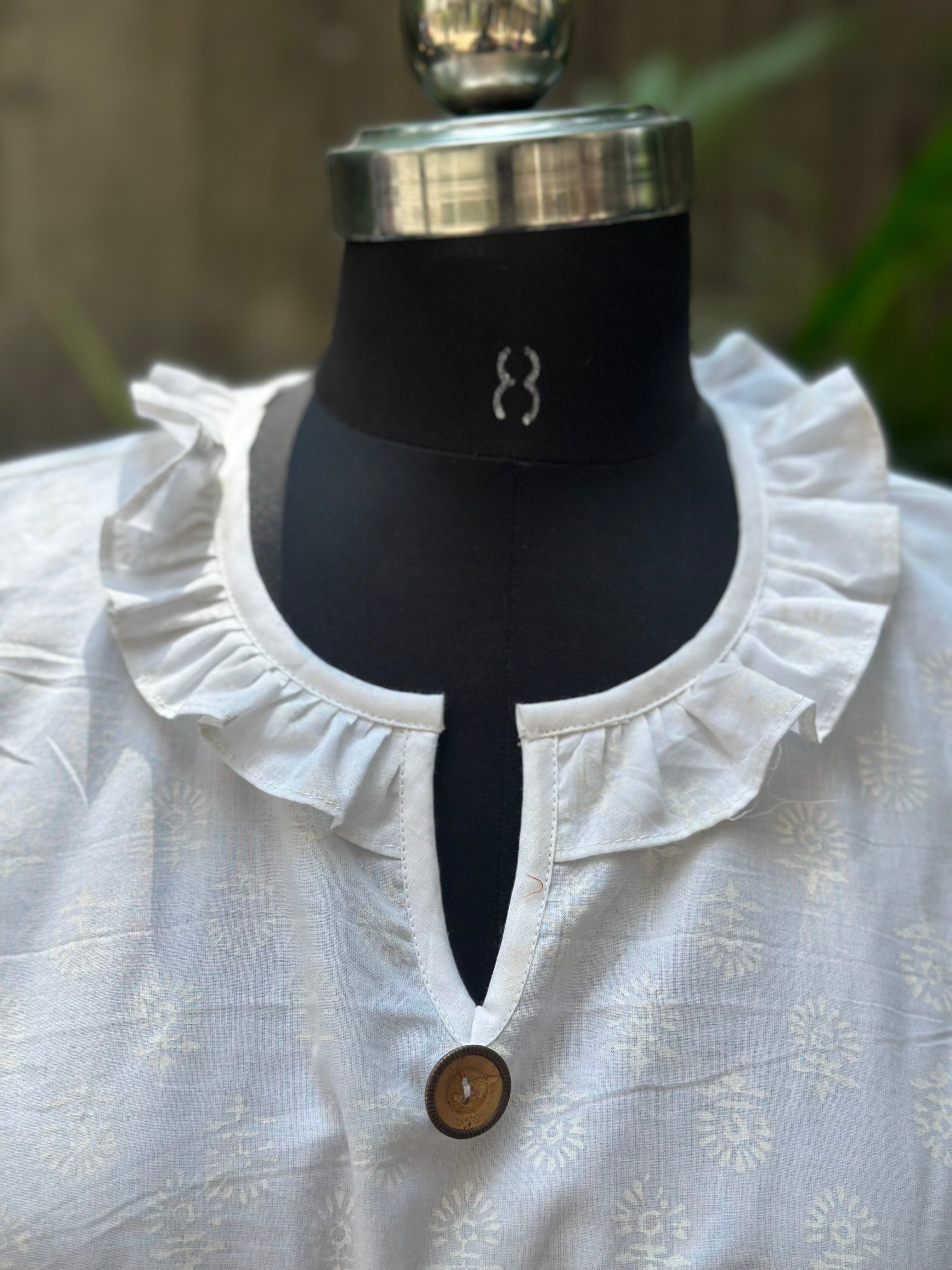 White handblock print frilled neckline white cotton peplum top