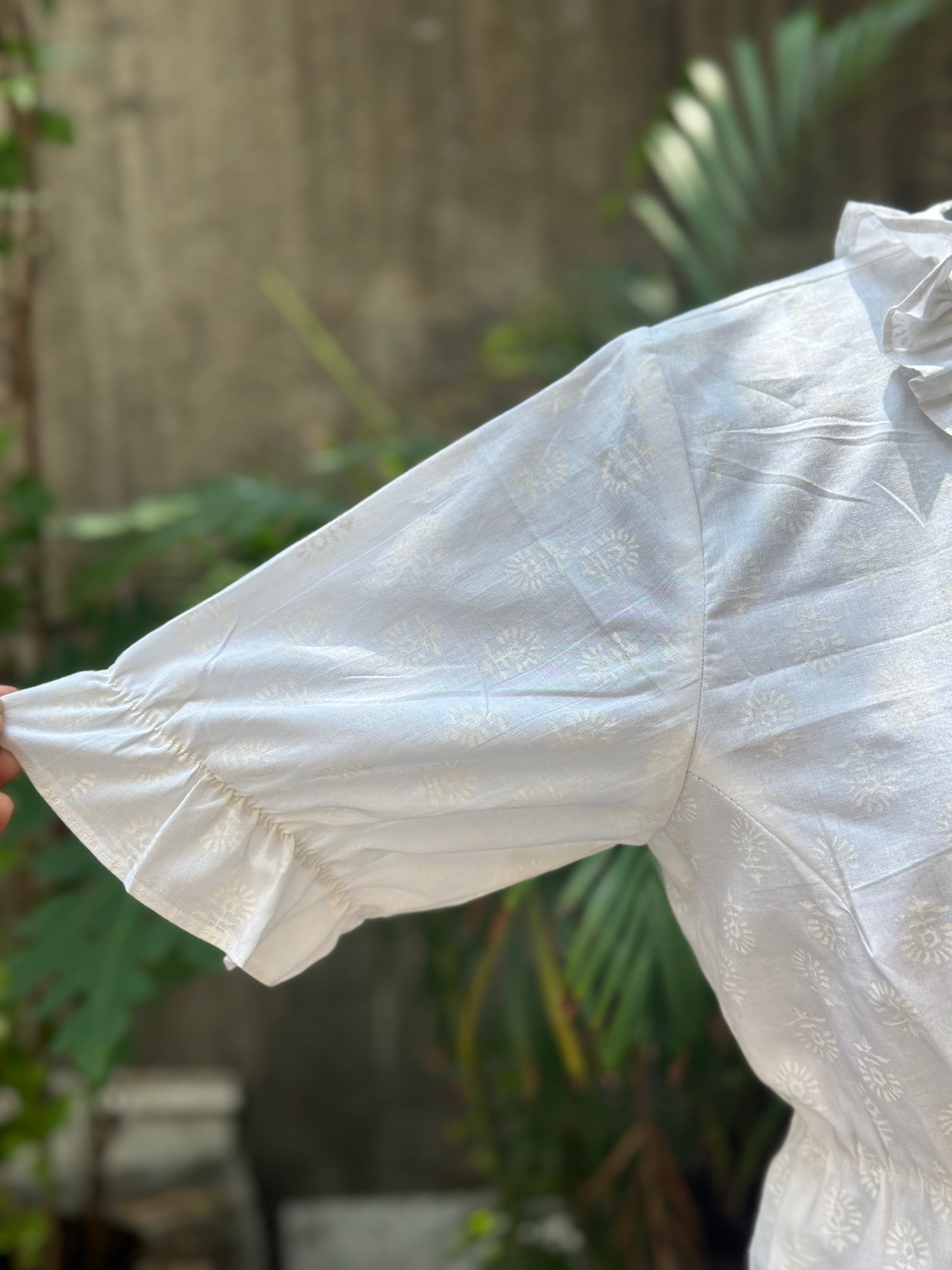 White handblock print frilled neckline white cotton peplum top