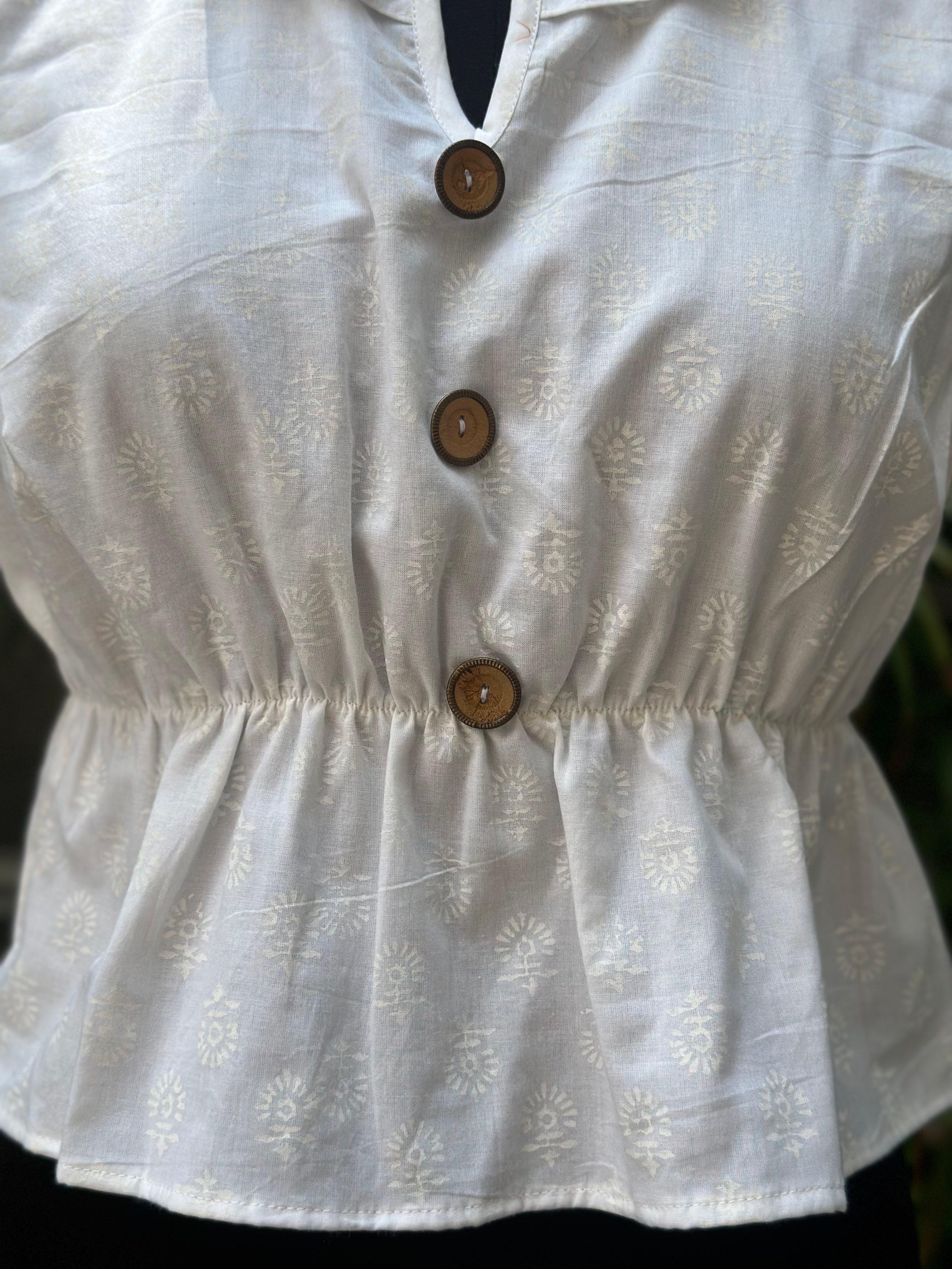 White handblock print frilled neckline white cotton peplum top