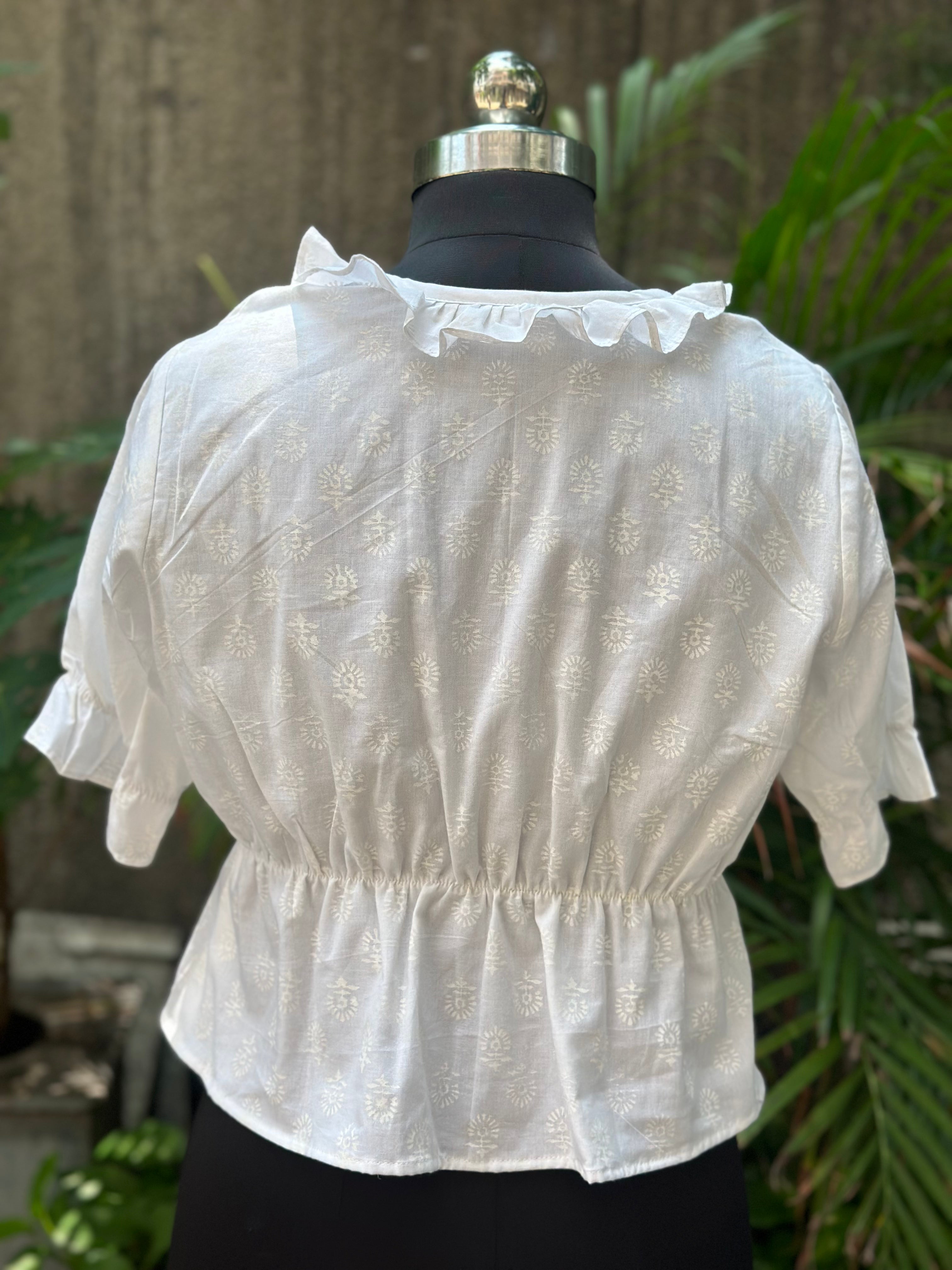 White handblock print frilled neckline white cotton peplum top