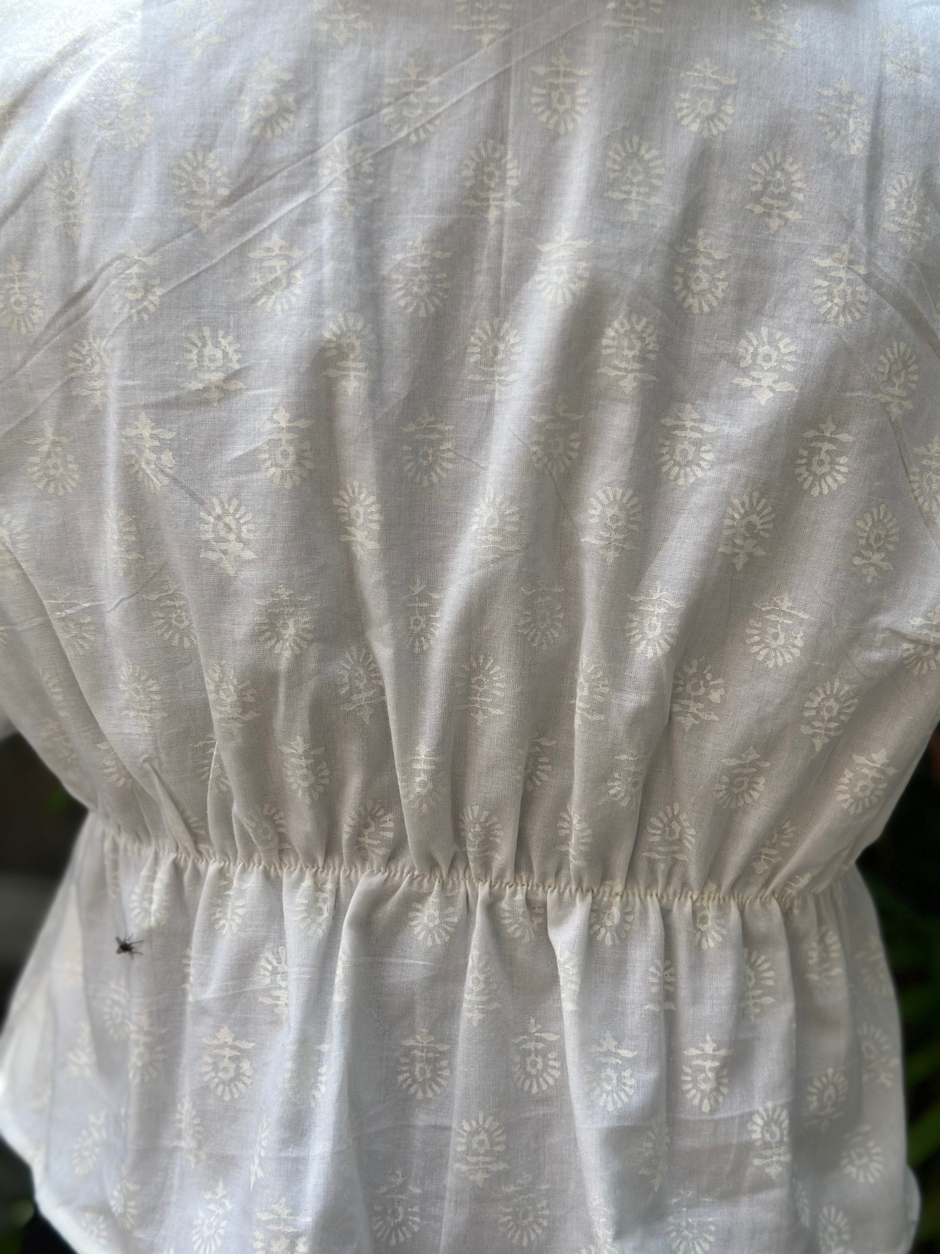 White handblock print frilled neckline white cotton peplum top