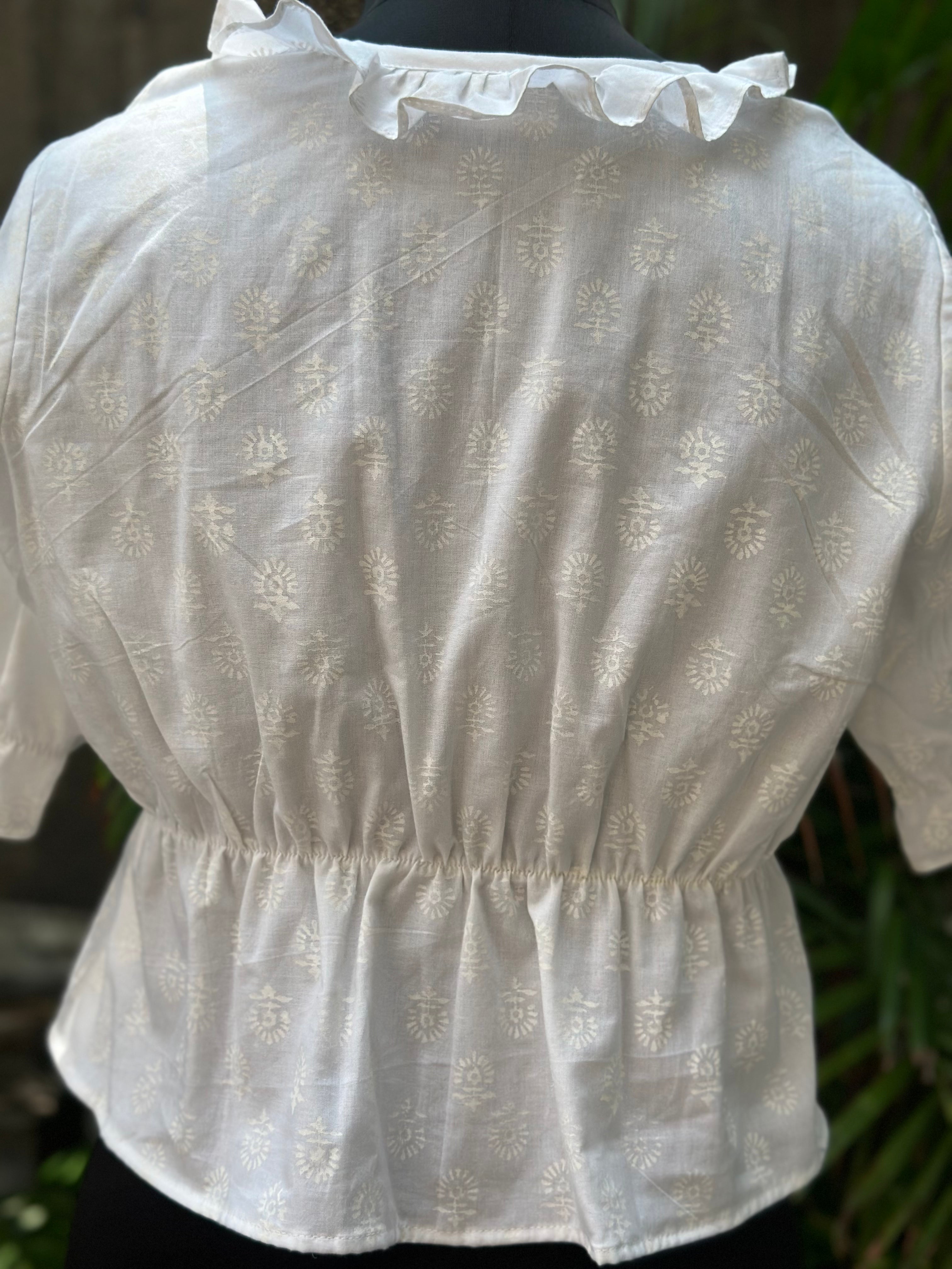 White handblock print frilled neckline white cotton peplum top