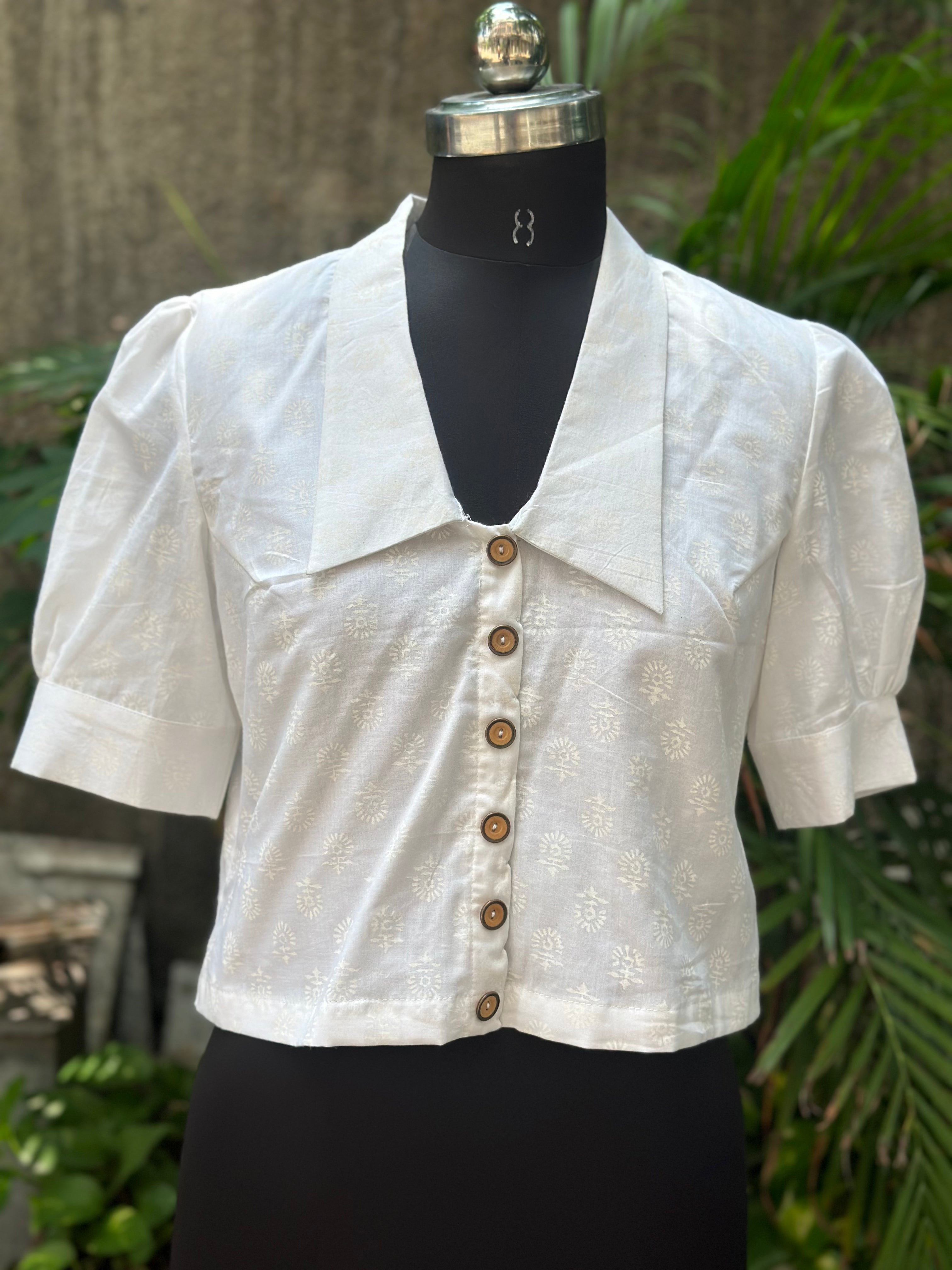 White handblock print V-neck collared cotton top with butterfly sleeves