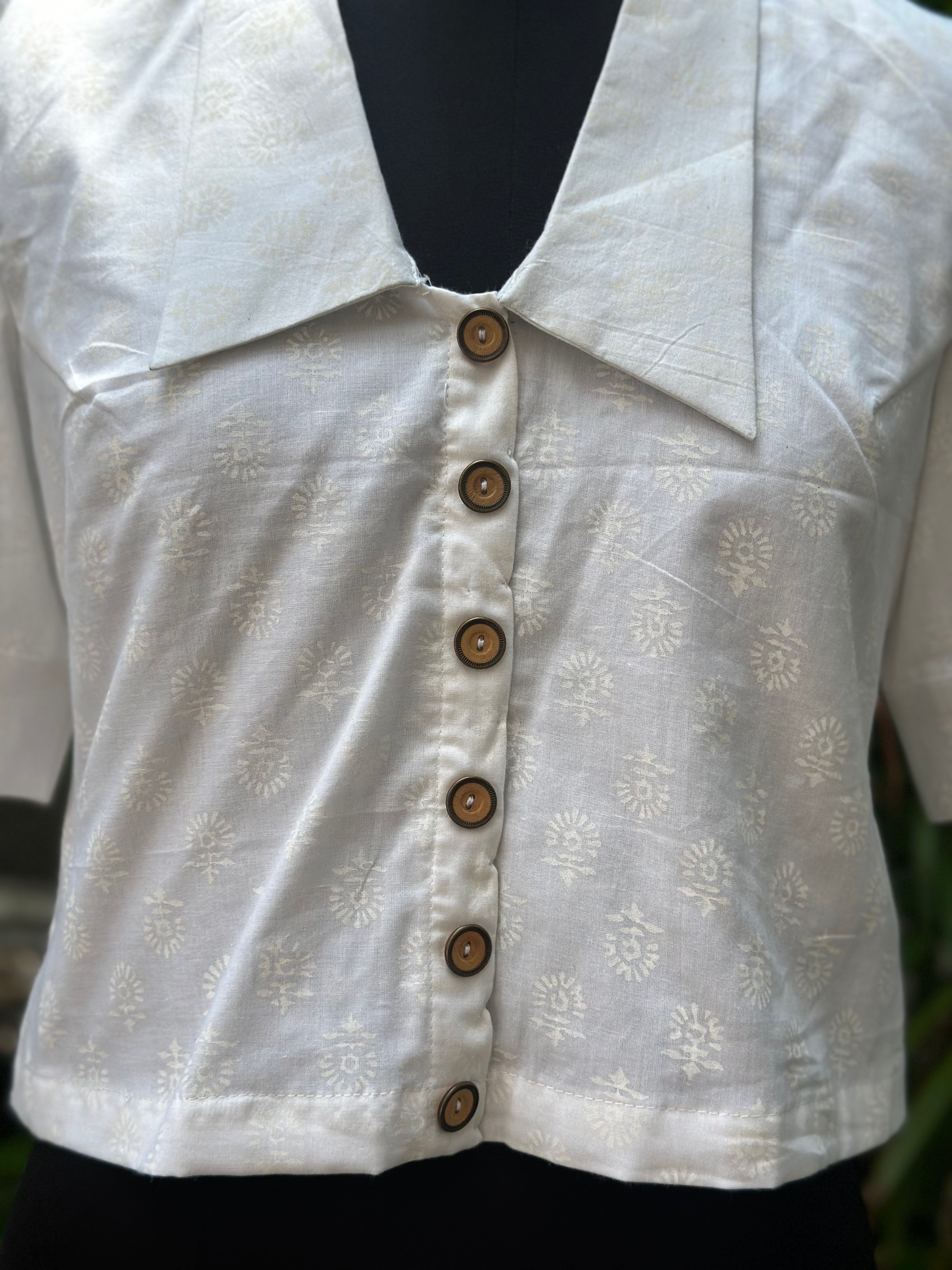 White handblock print V-neck collared cotton top with butterfly sleeves