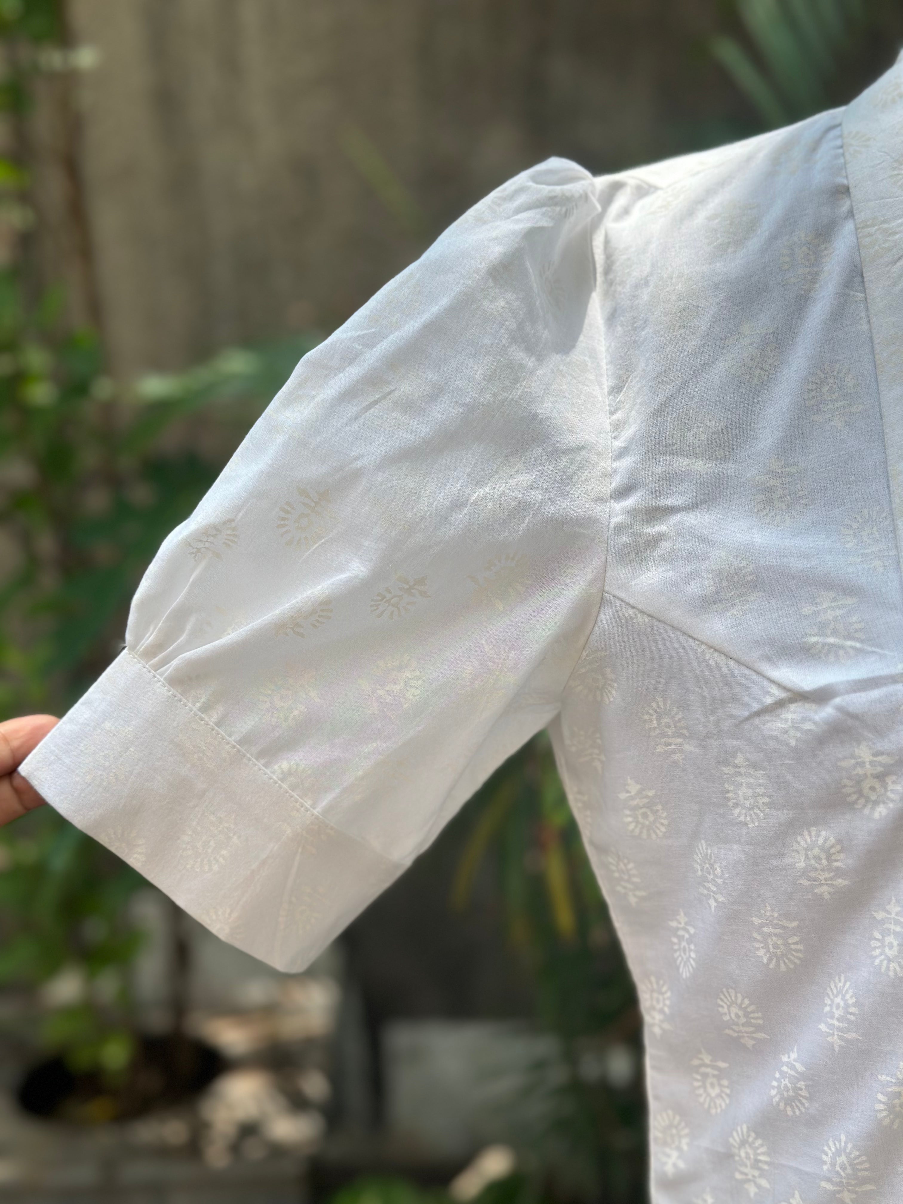 White handblock print V-neck collared cotton top with butterfly sleeves