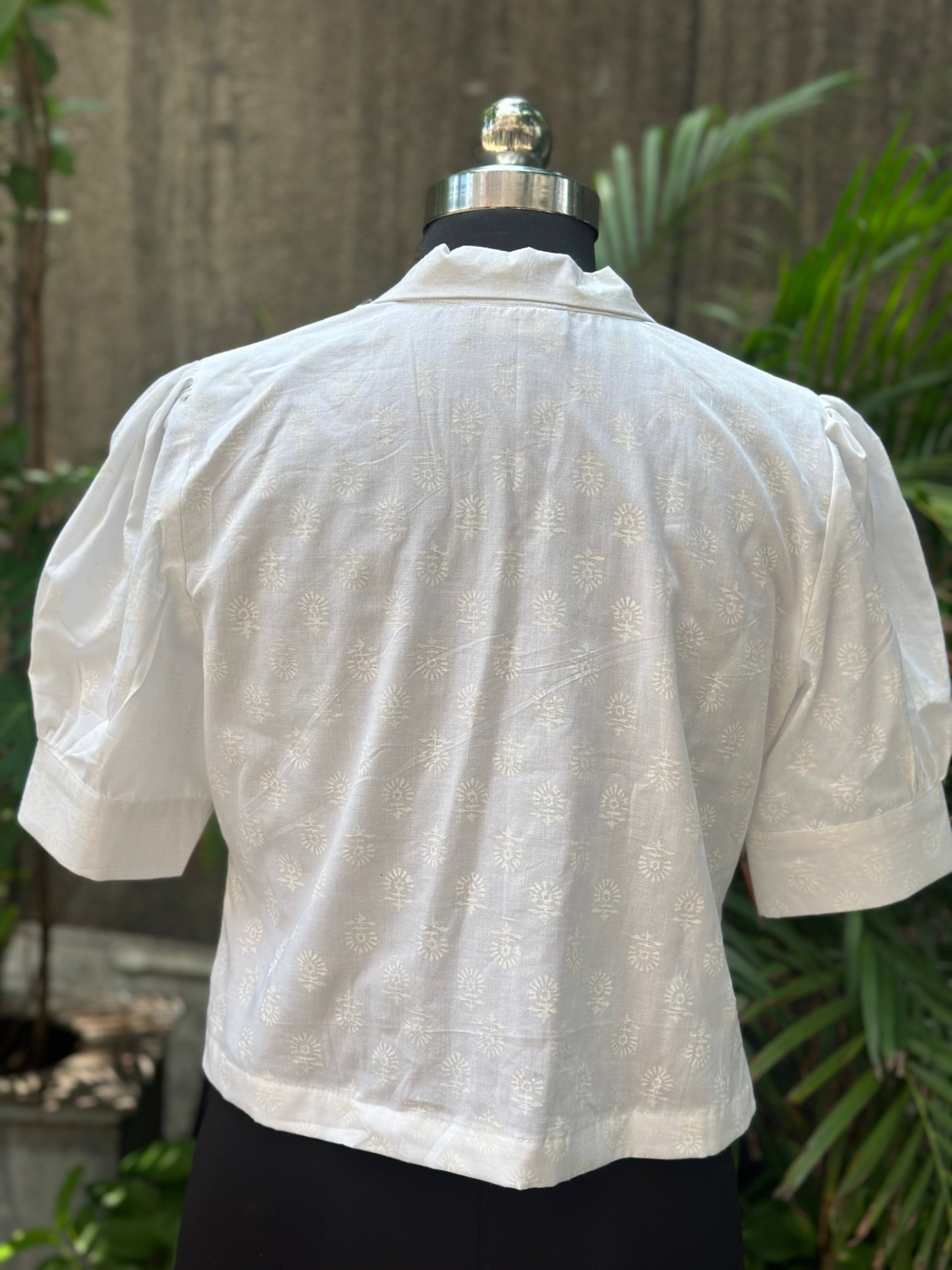 White handblock print V-neck collared cotton top with butterfly sleeves