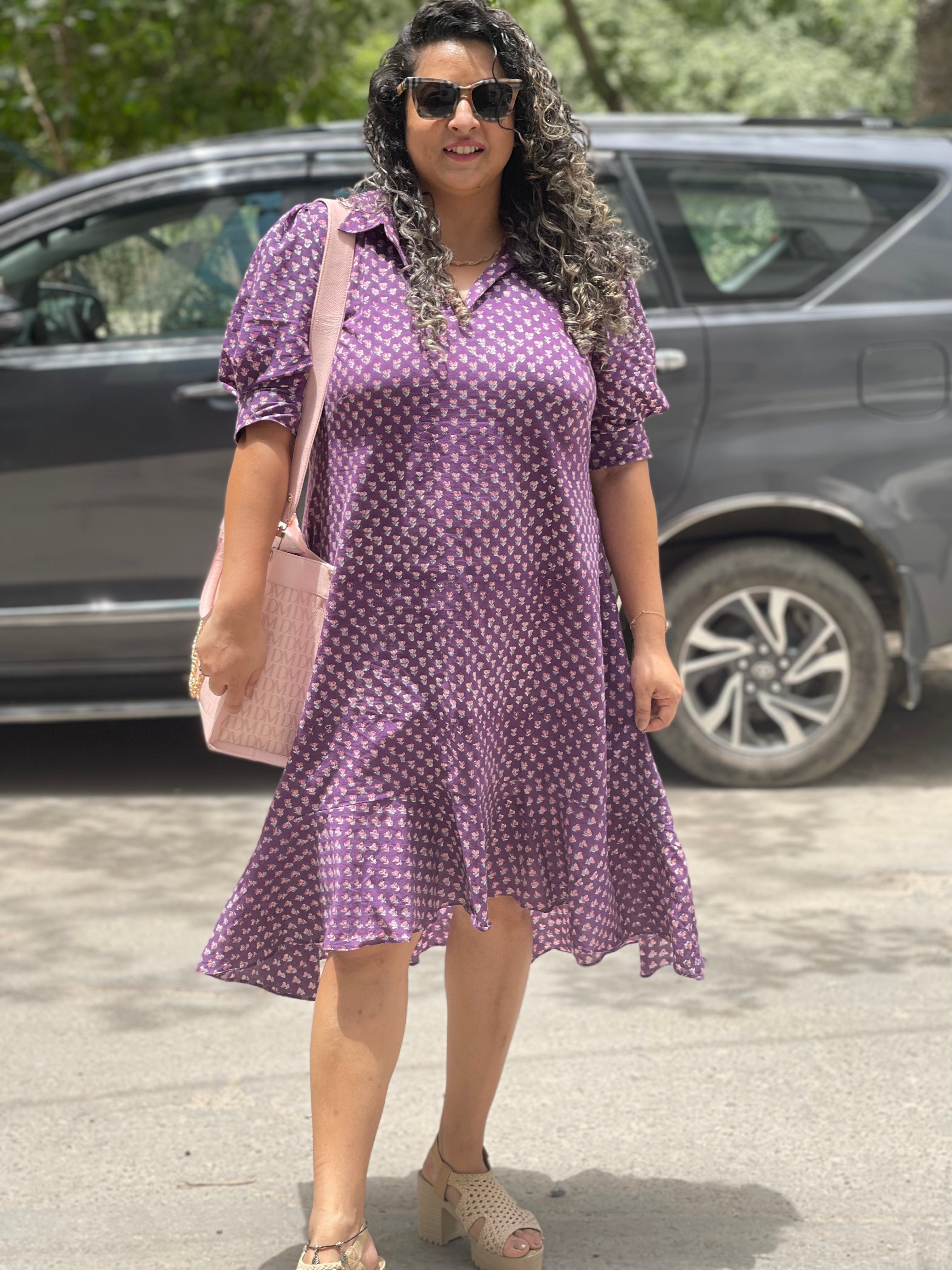 Purple Sanganeri Handblock Printed High Low Cotton Dress