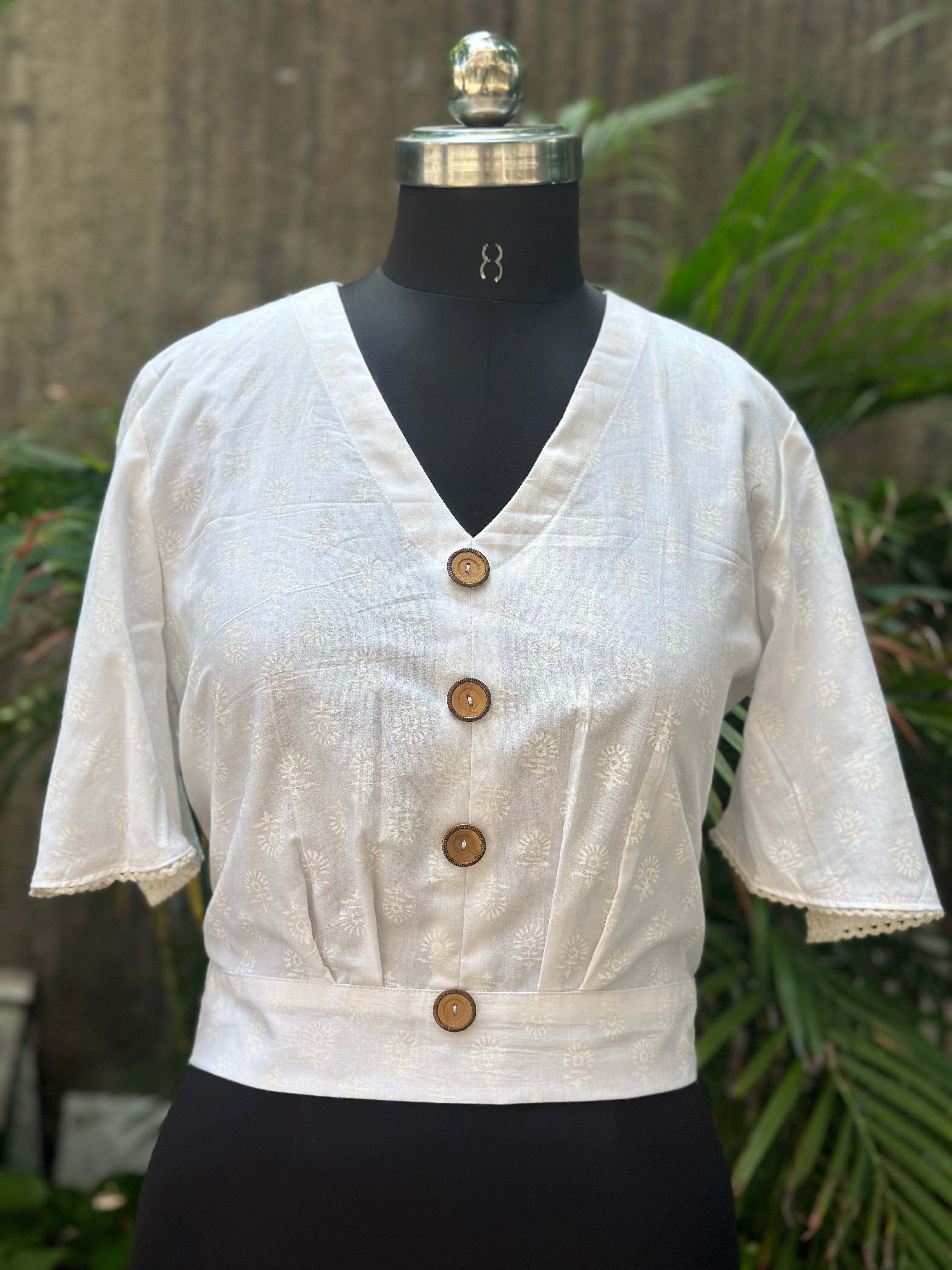 White handblock V-Neck cotton top with wooden buttons and butterfly sleeves