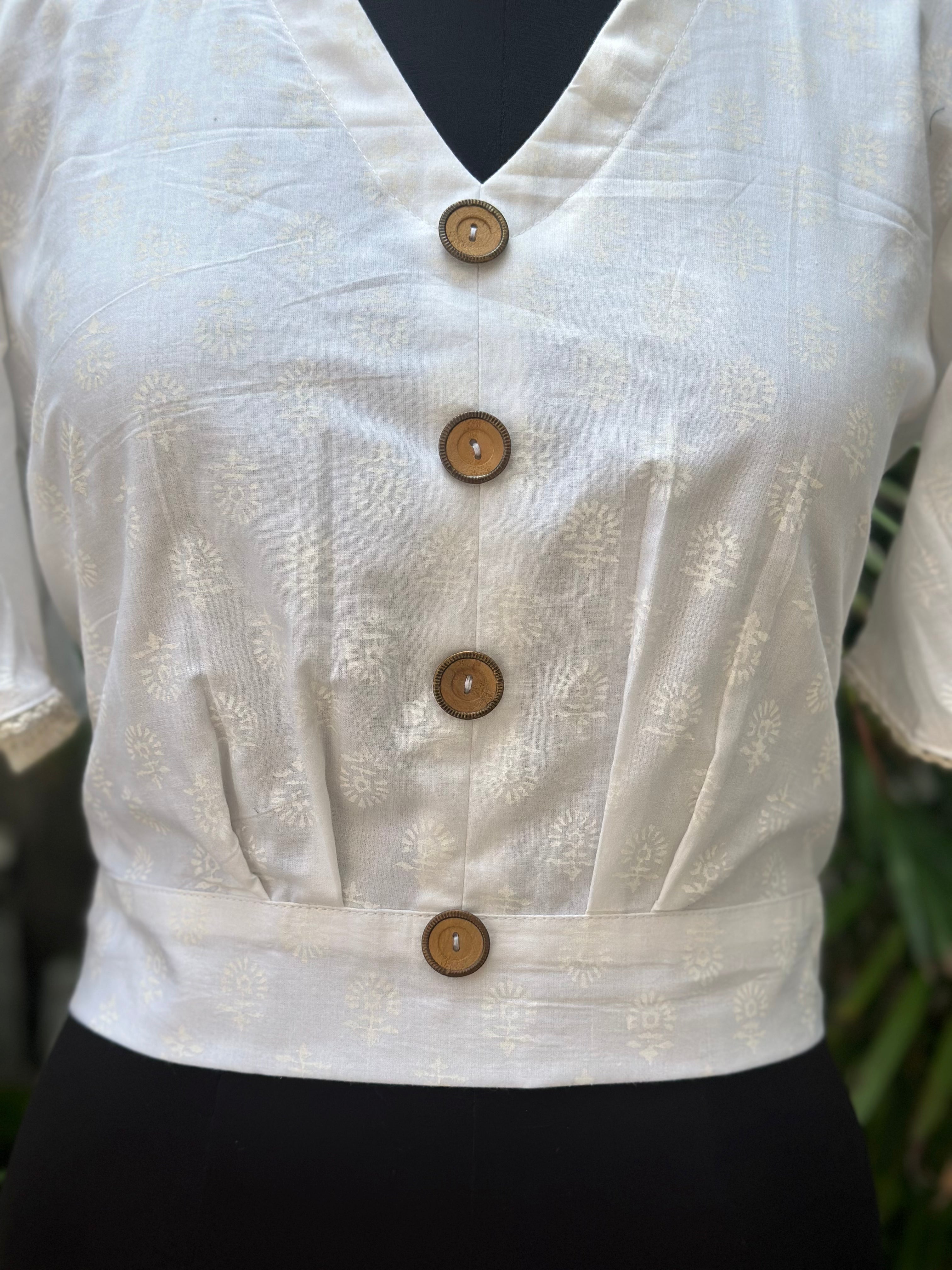 White handblock V-Neck cotton top with wooden buttons and butterfly sleeves