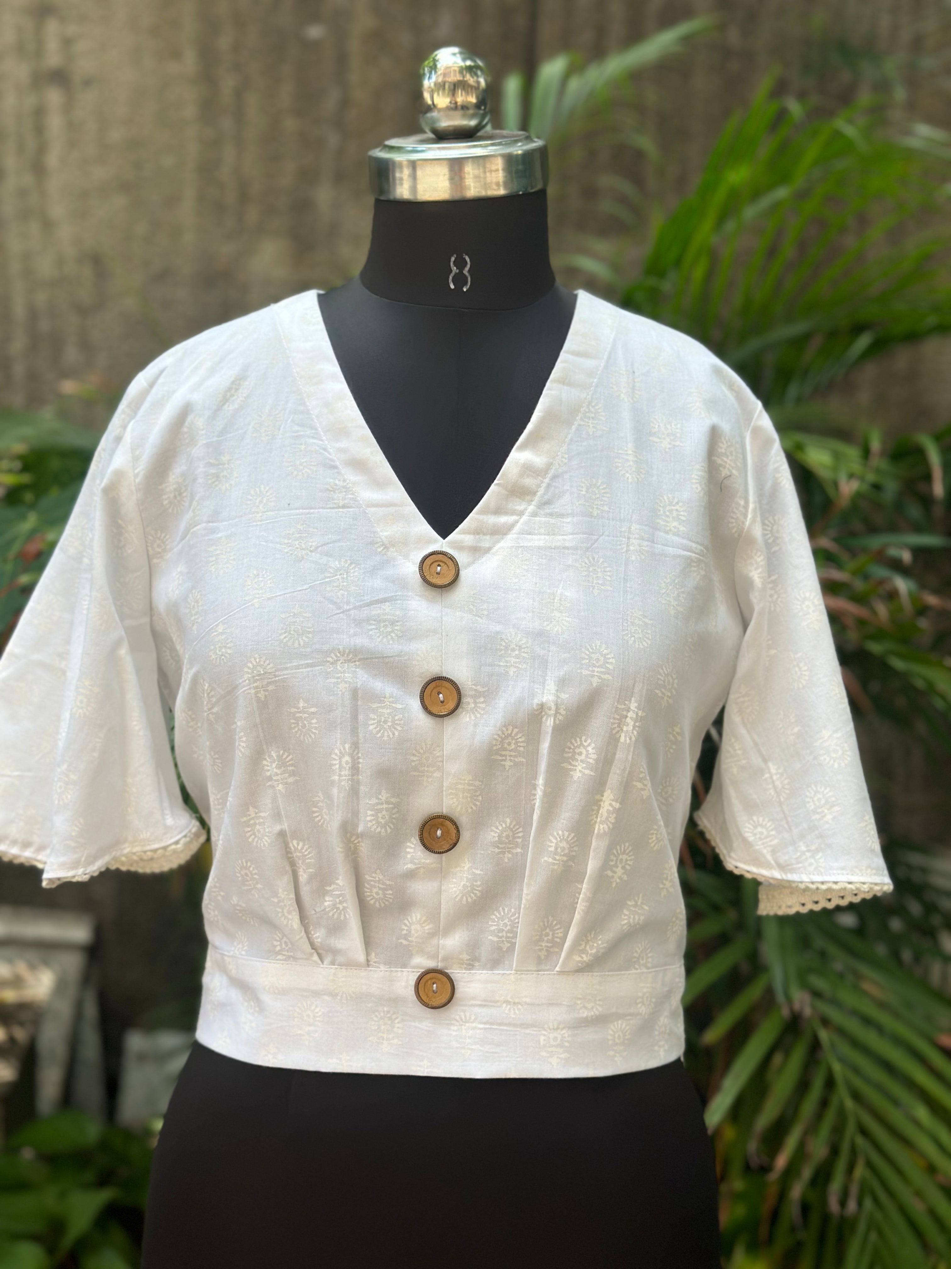 White handblock V-Neck cotton top with wooden buttons and butterfly sleeves