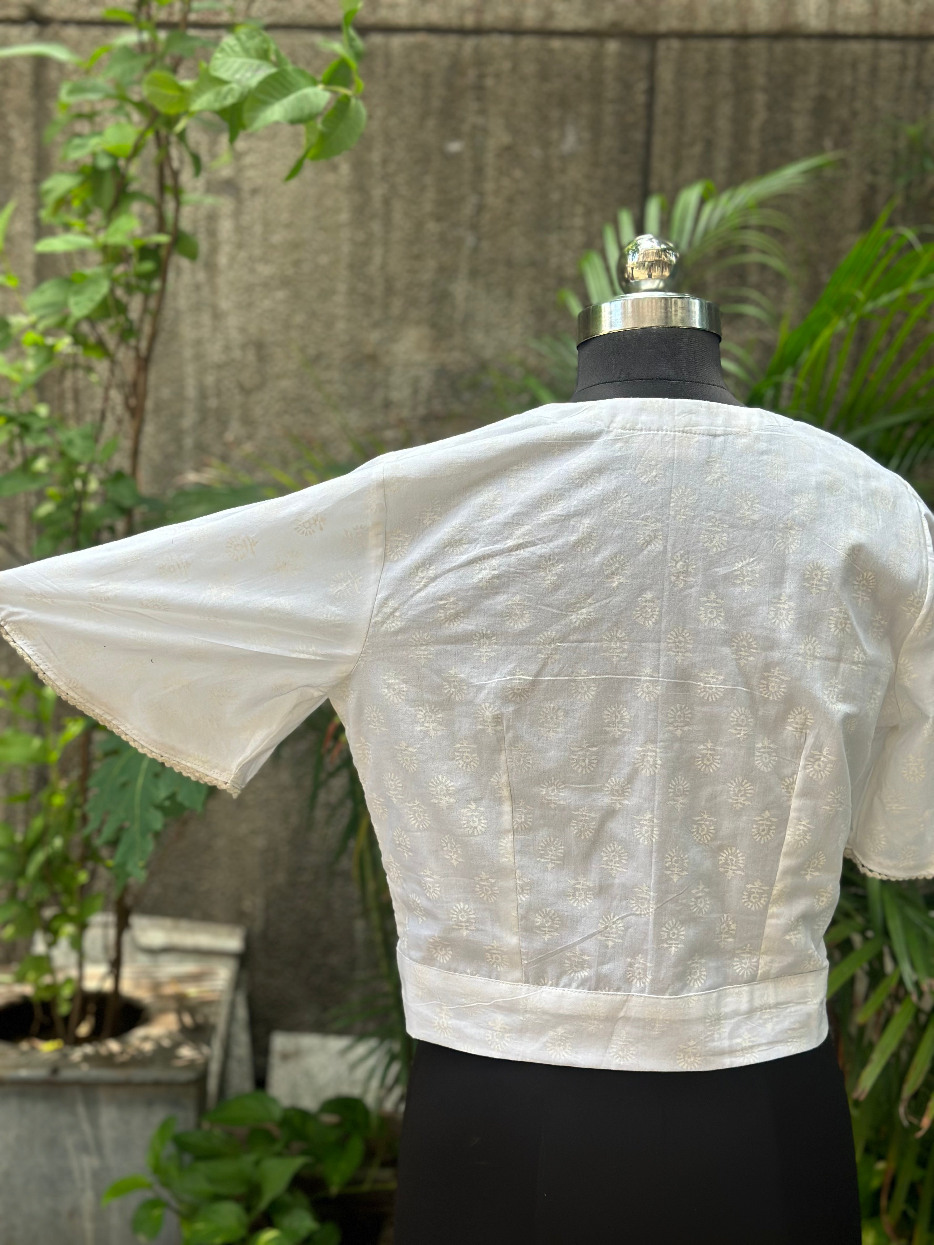 White handblock V-Neck cotton top with wooden buttons and butterfly sleeves