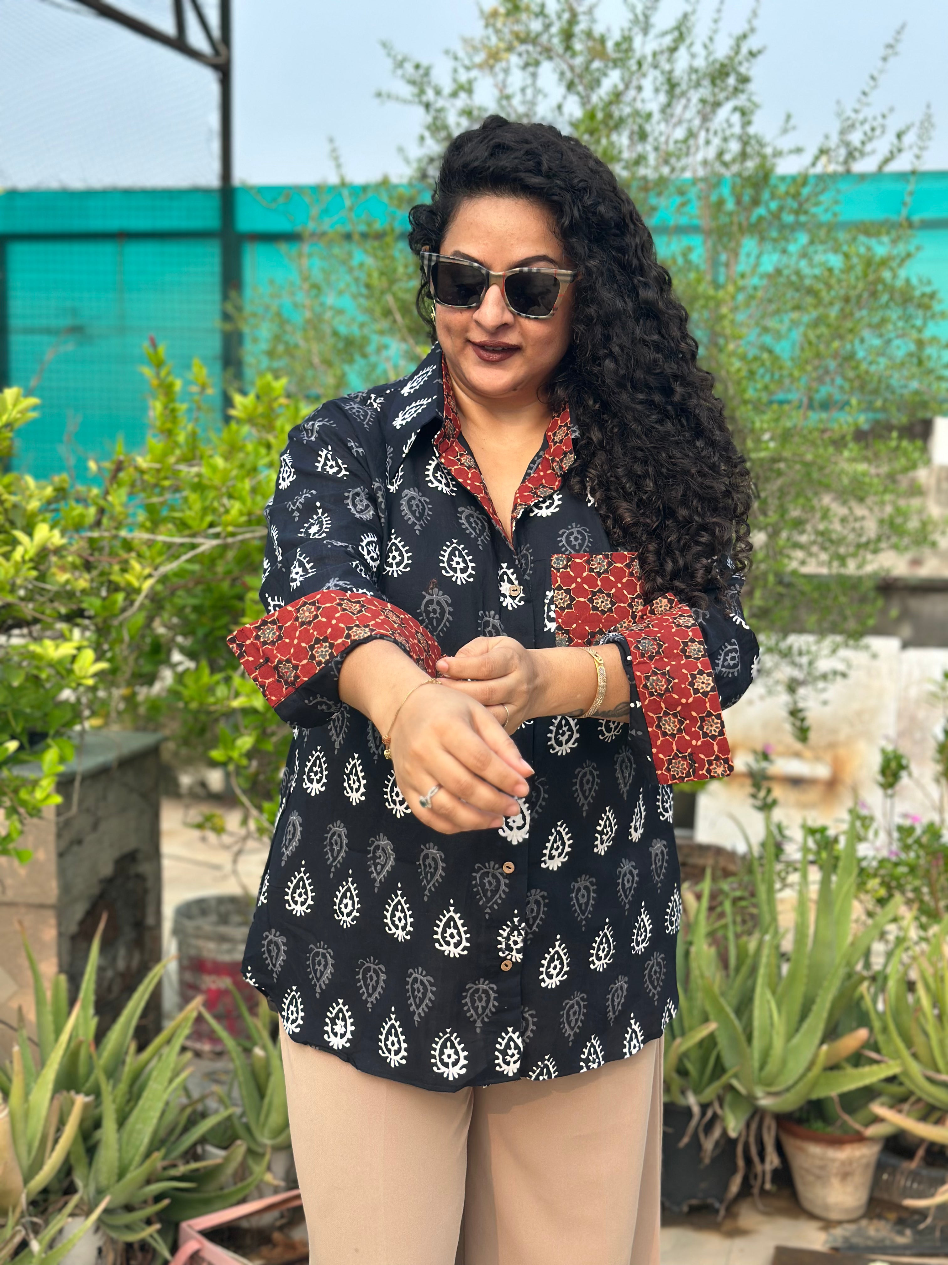 Gulnaar- Red Bagru handblock print cotton shirt