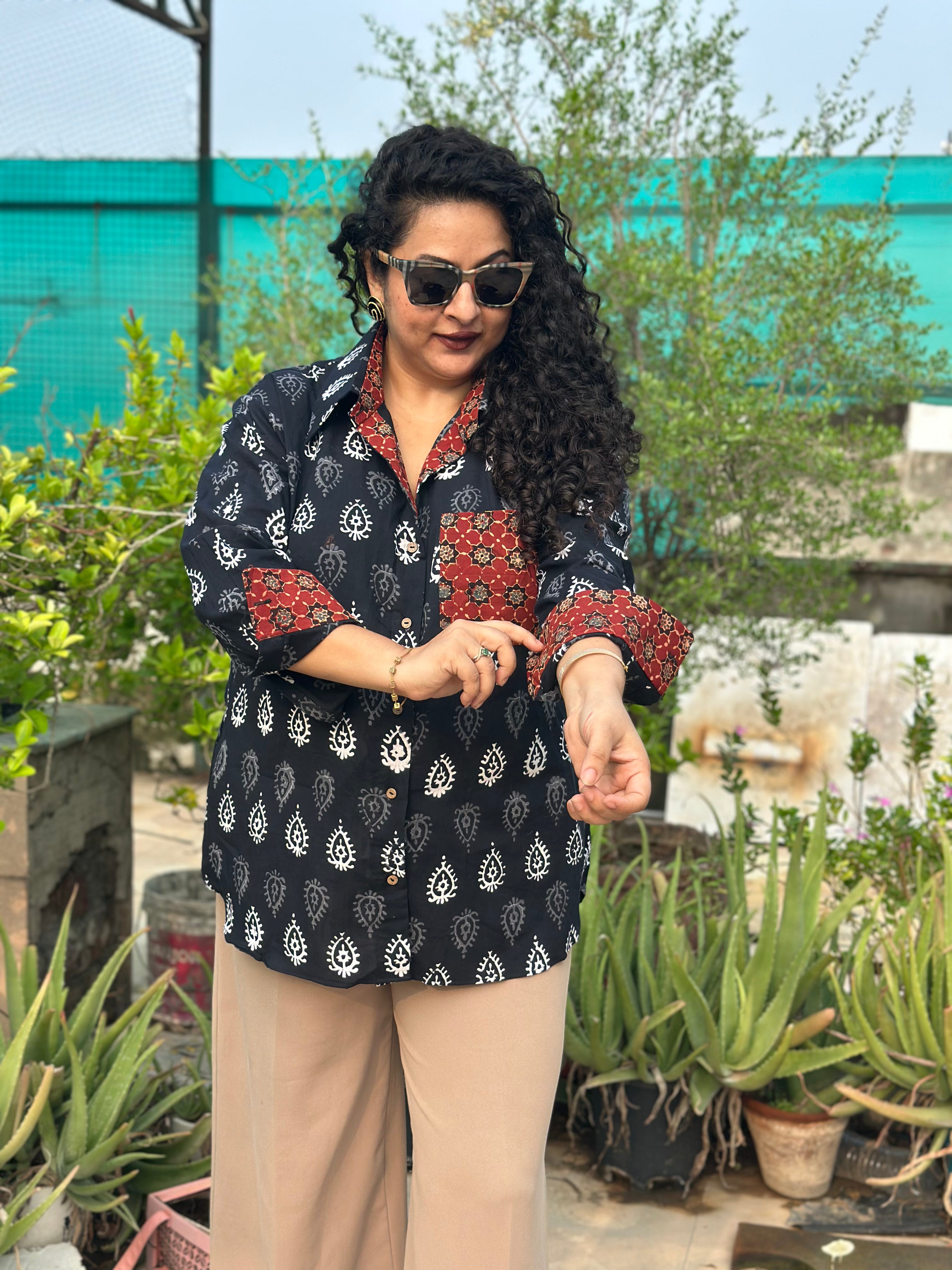 Gulnaar- Red Bagru handblock print cotton shirt