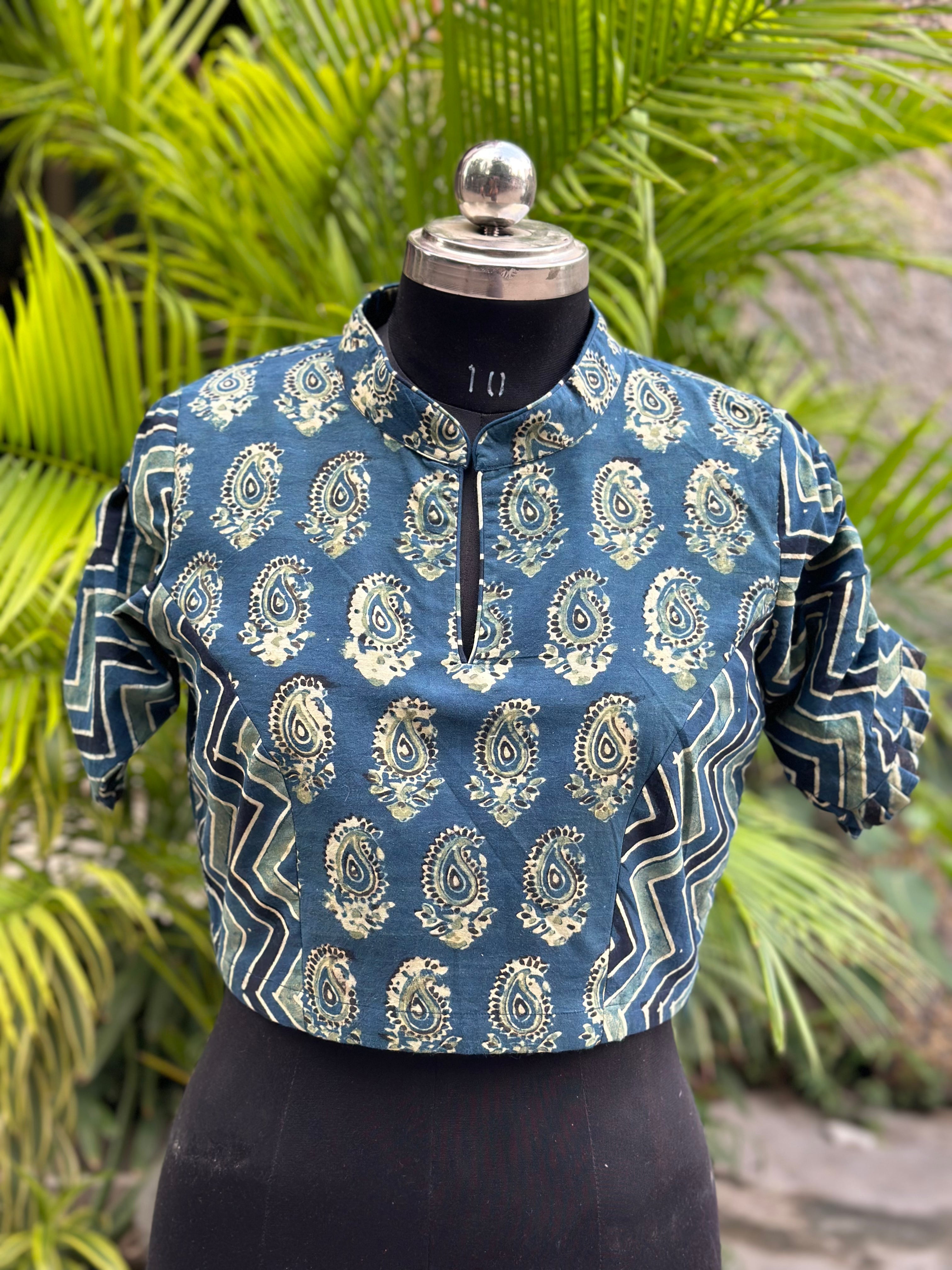 Indigo Ajrakh Dual Handblock Print cotton blouse with Chinese Collar
