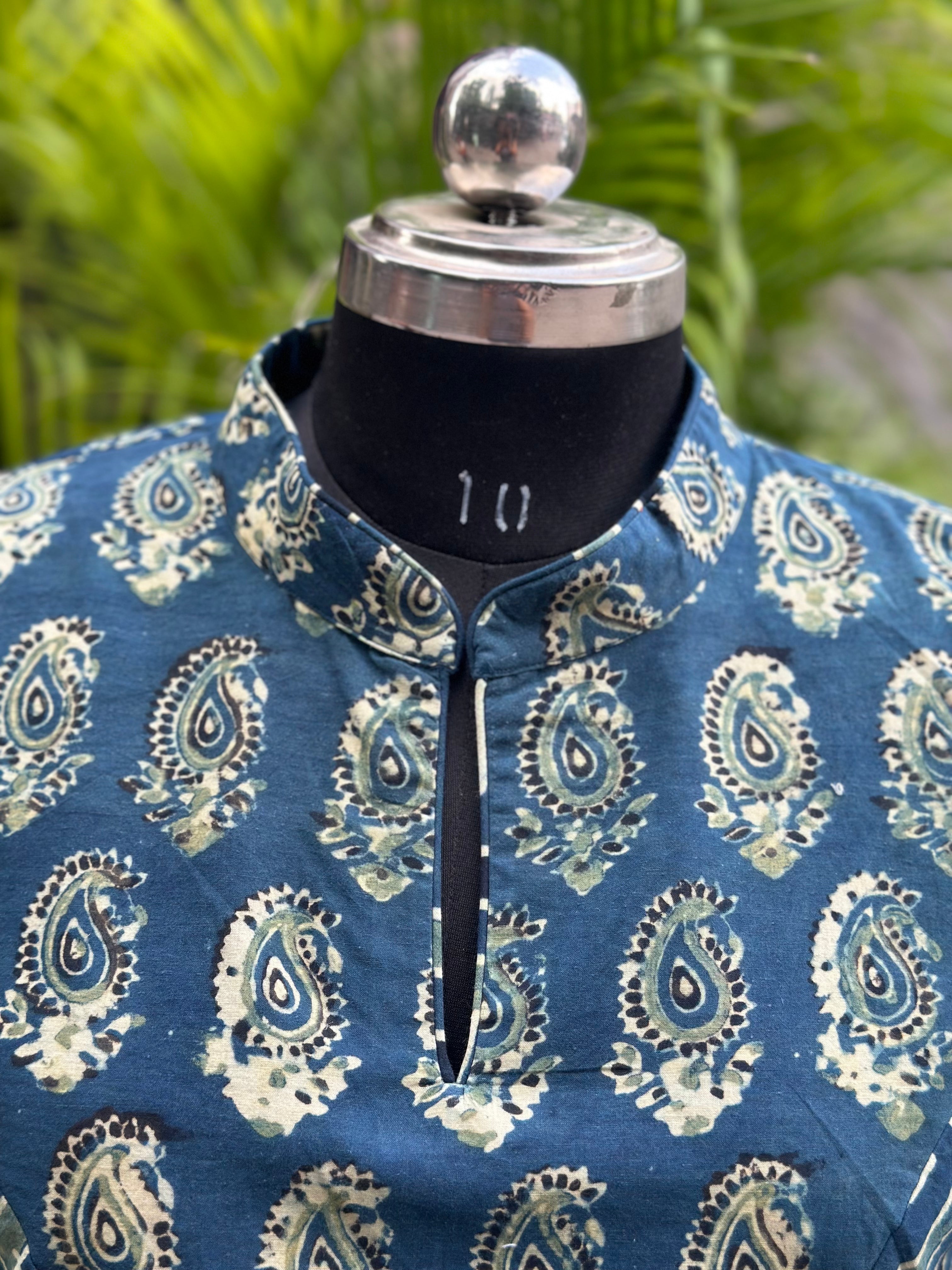 Indigo Ajrakh Dual Handblock Print cotton blouse with Chinese Collar