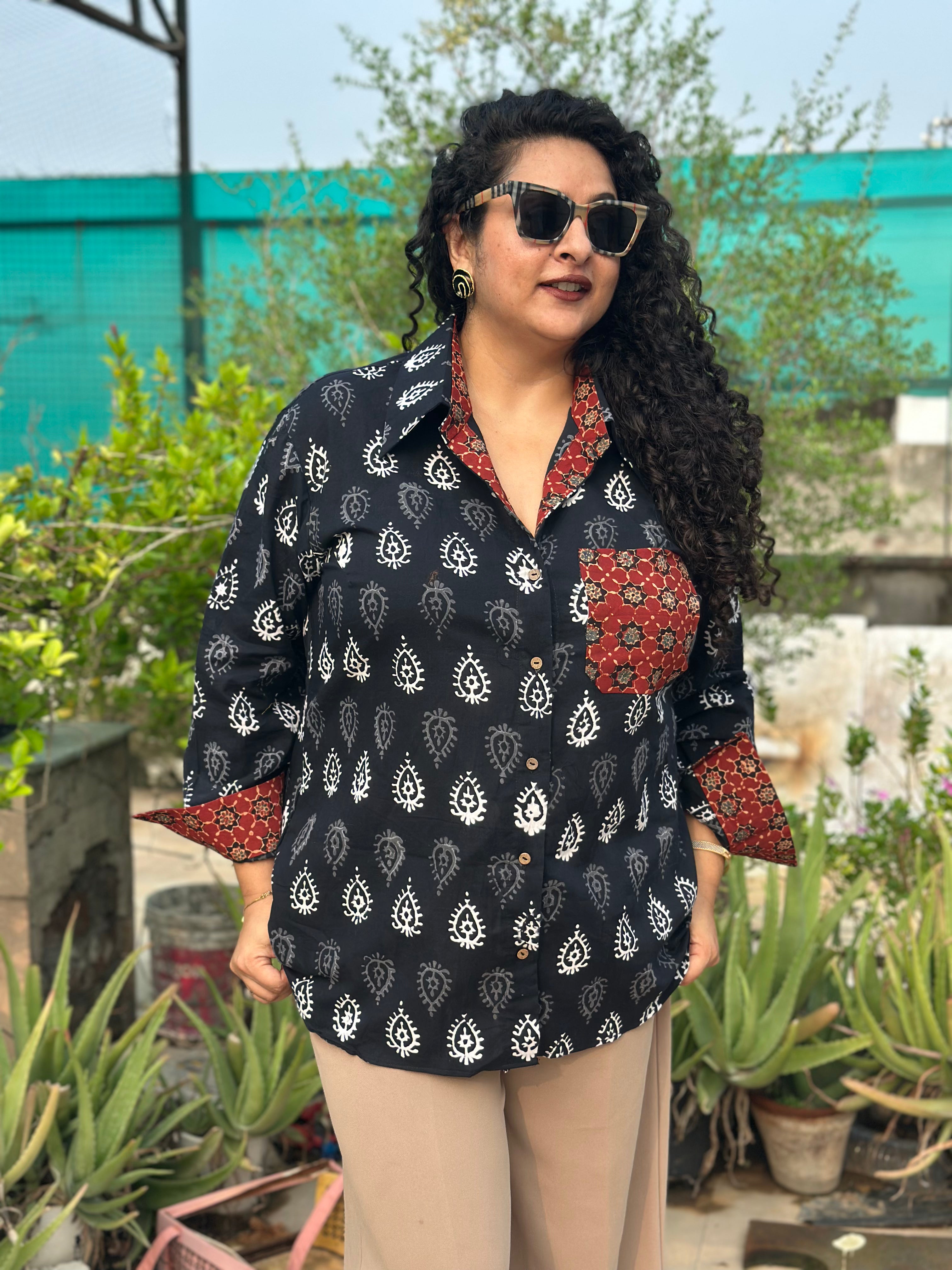 Gulnaar- Red Bagru handblock print cotton shirt