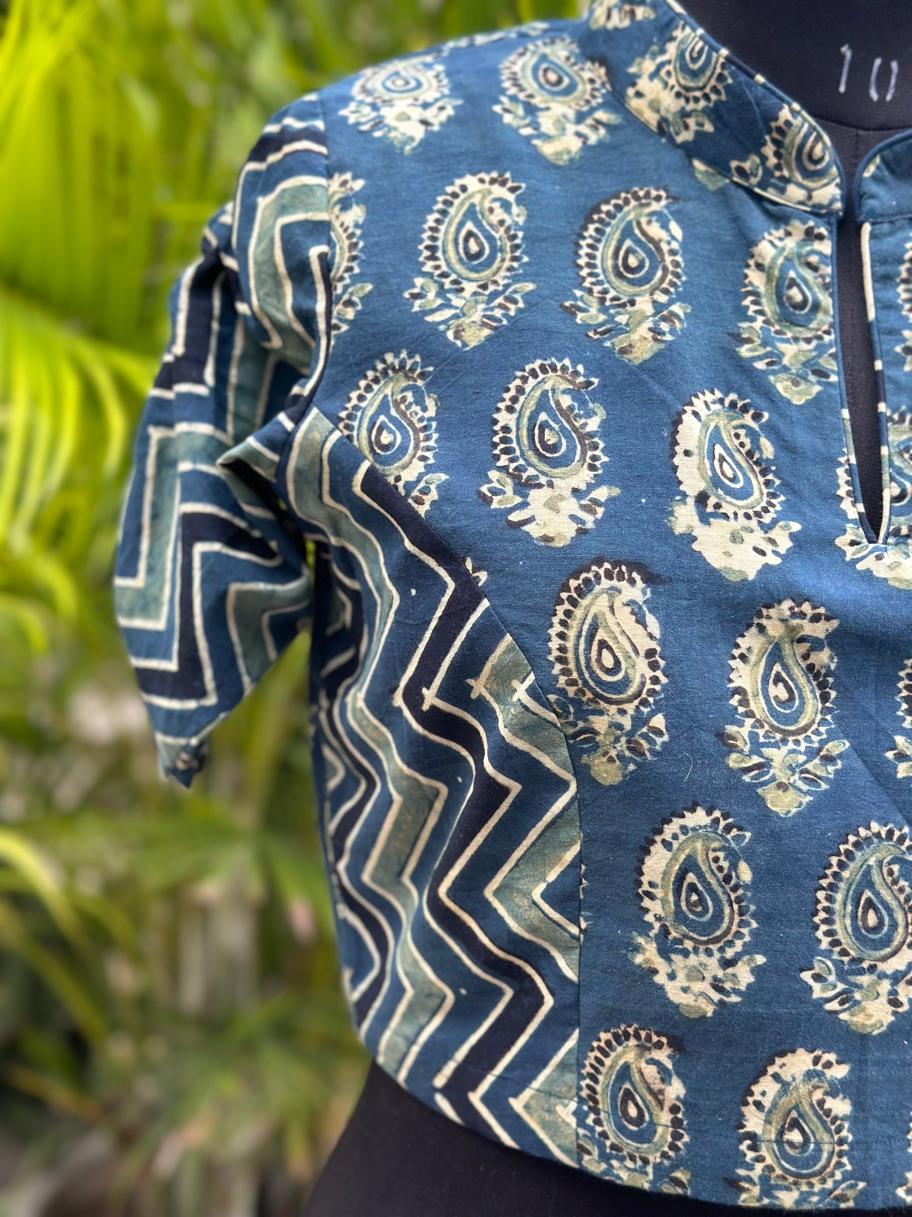 Indigo Ajrakh Dual Handblock Print cotton blouse with Chinese Collar