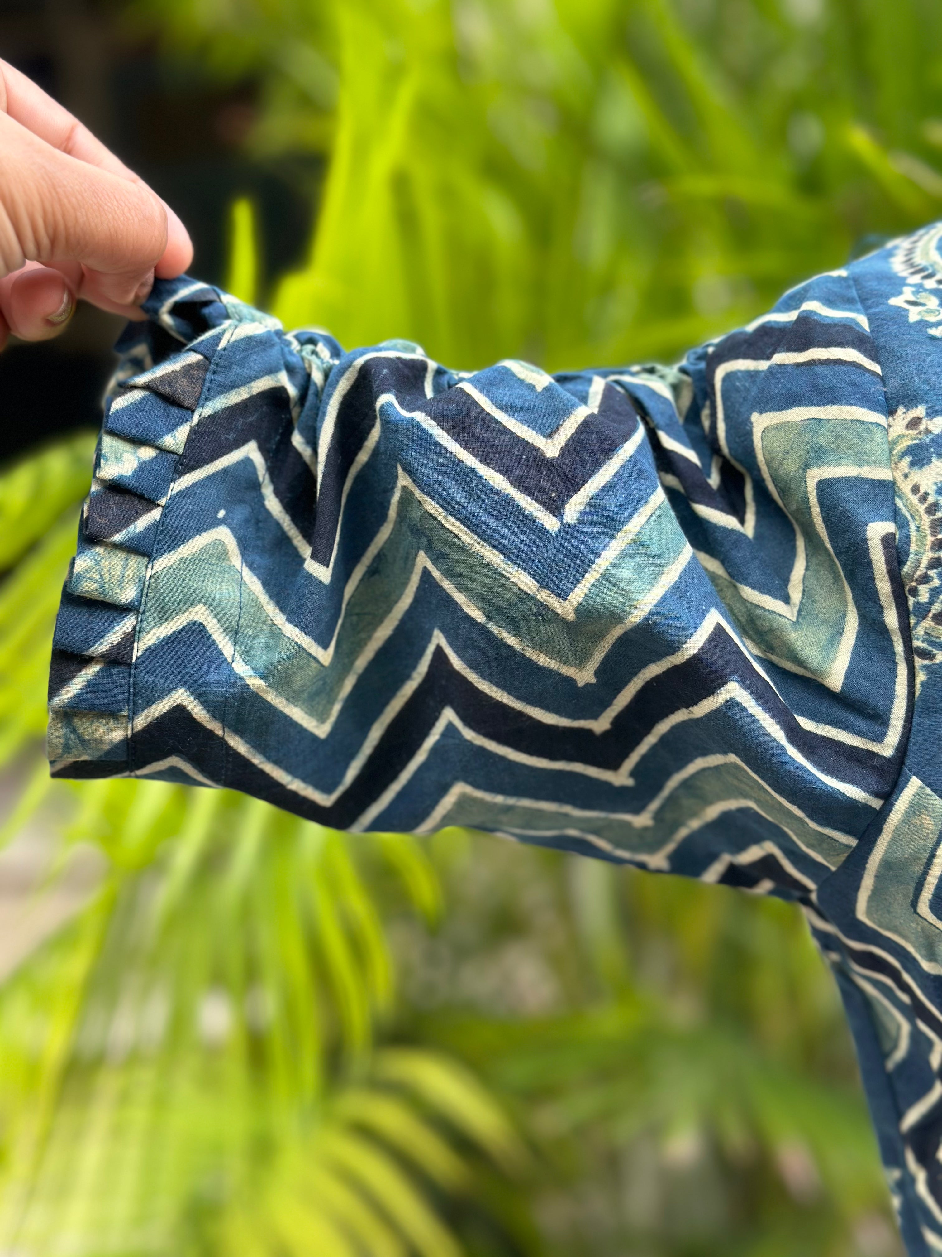 Indigo Ajrakh Dual Handblock Print cotton blouse with Chinese Collar