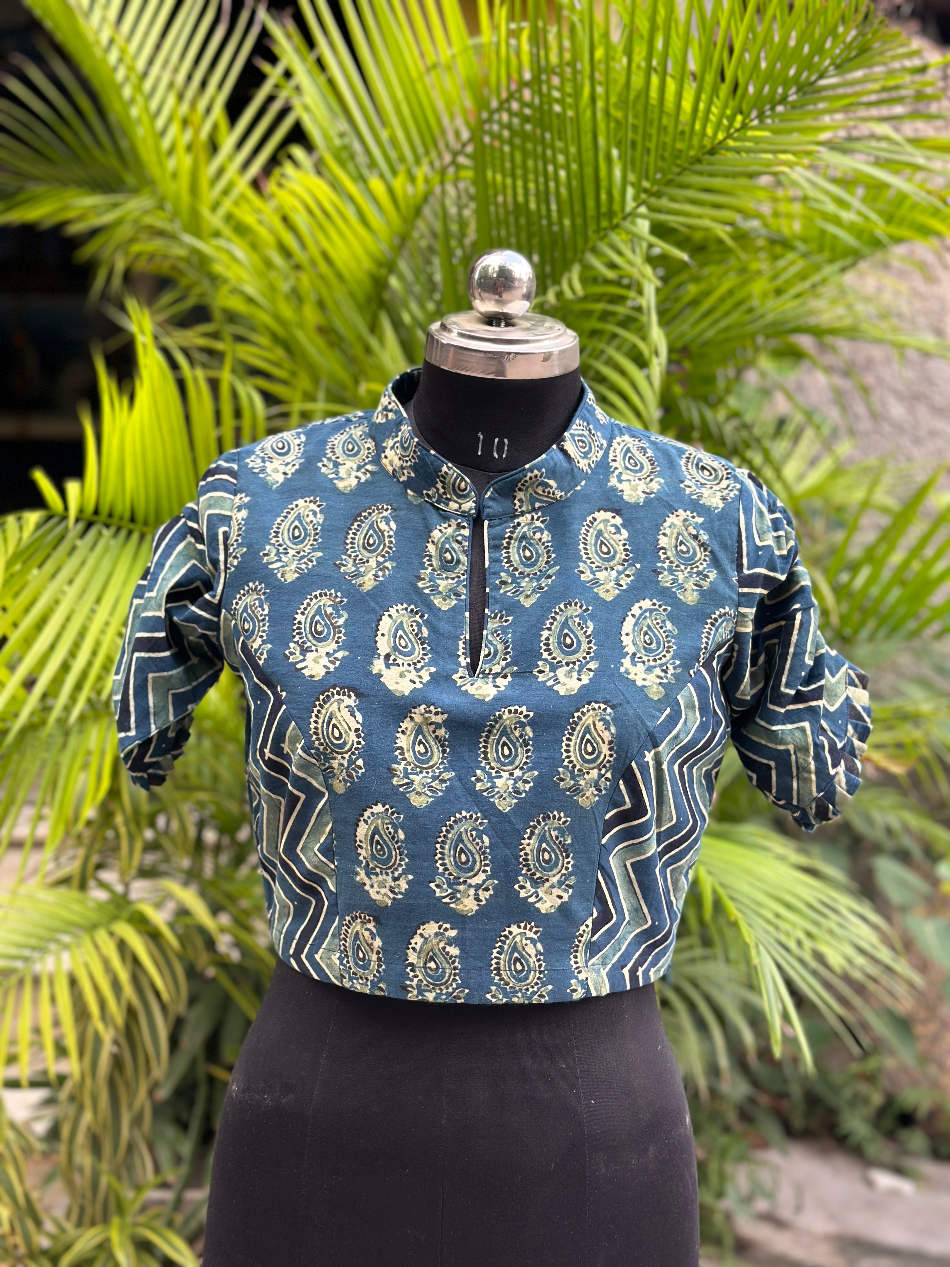 Indigo Ajrakh Dual Handblock Print cotton blouse with Chinese Collar