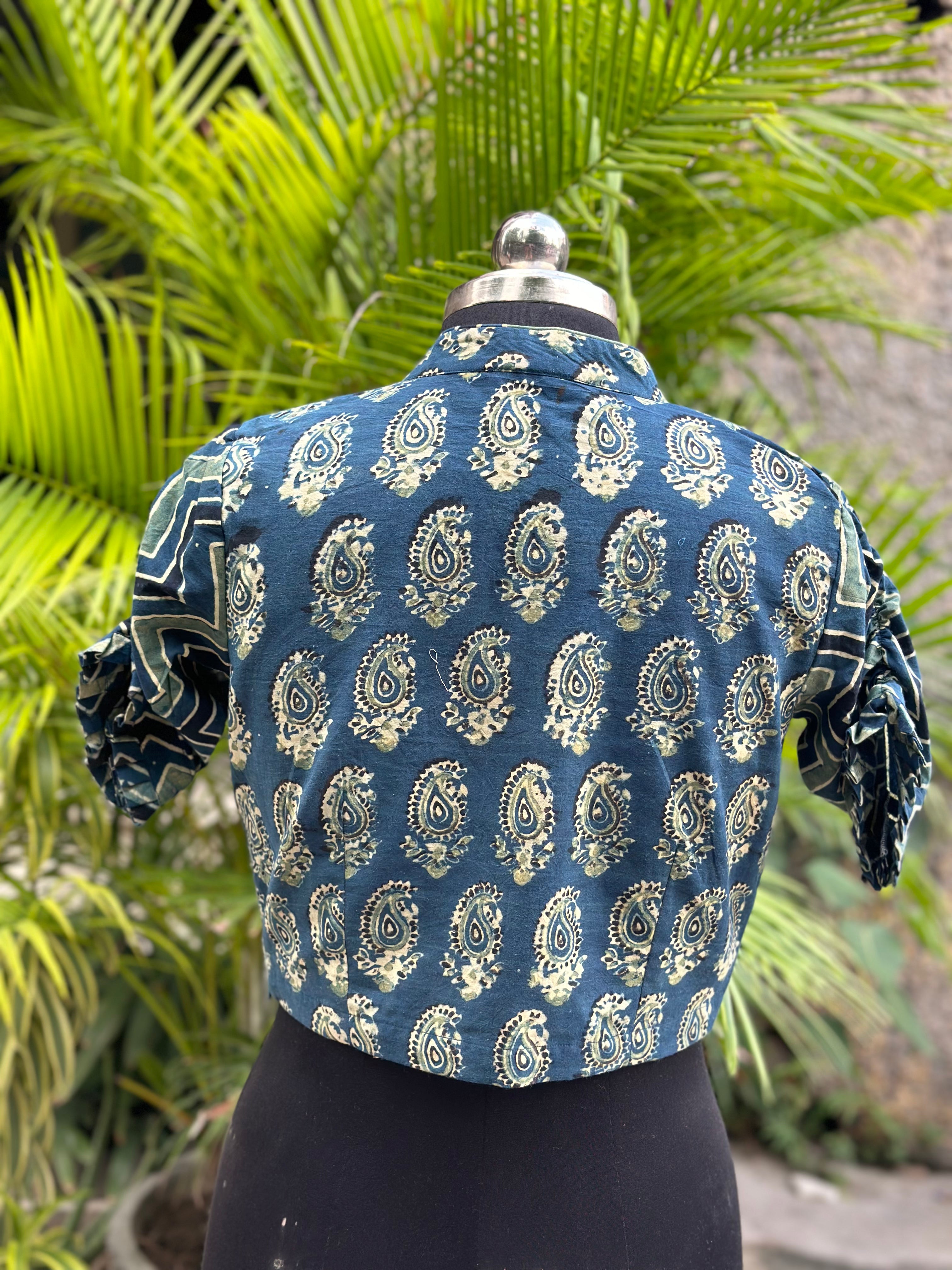 Indigo Ajrakh Dual Handblock Print cotton blouse with Chinese Collar