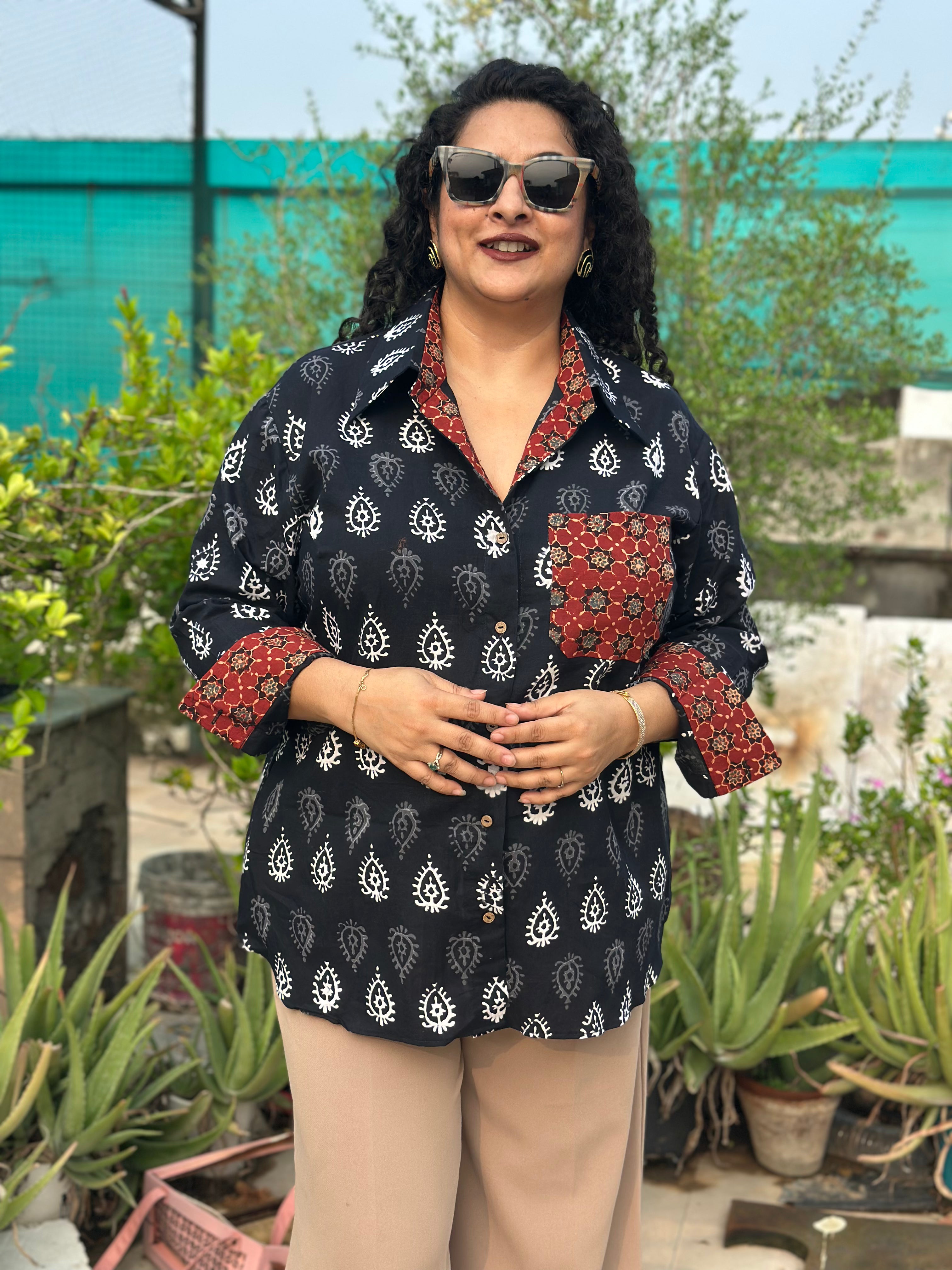 Gulnaar- Red Bagru handblock print cotton shirt