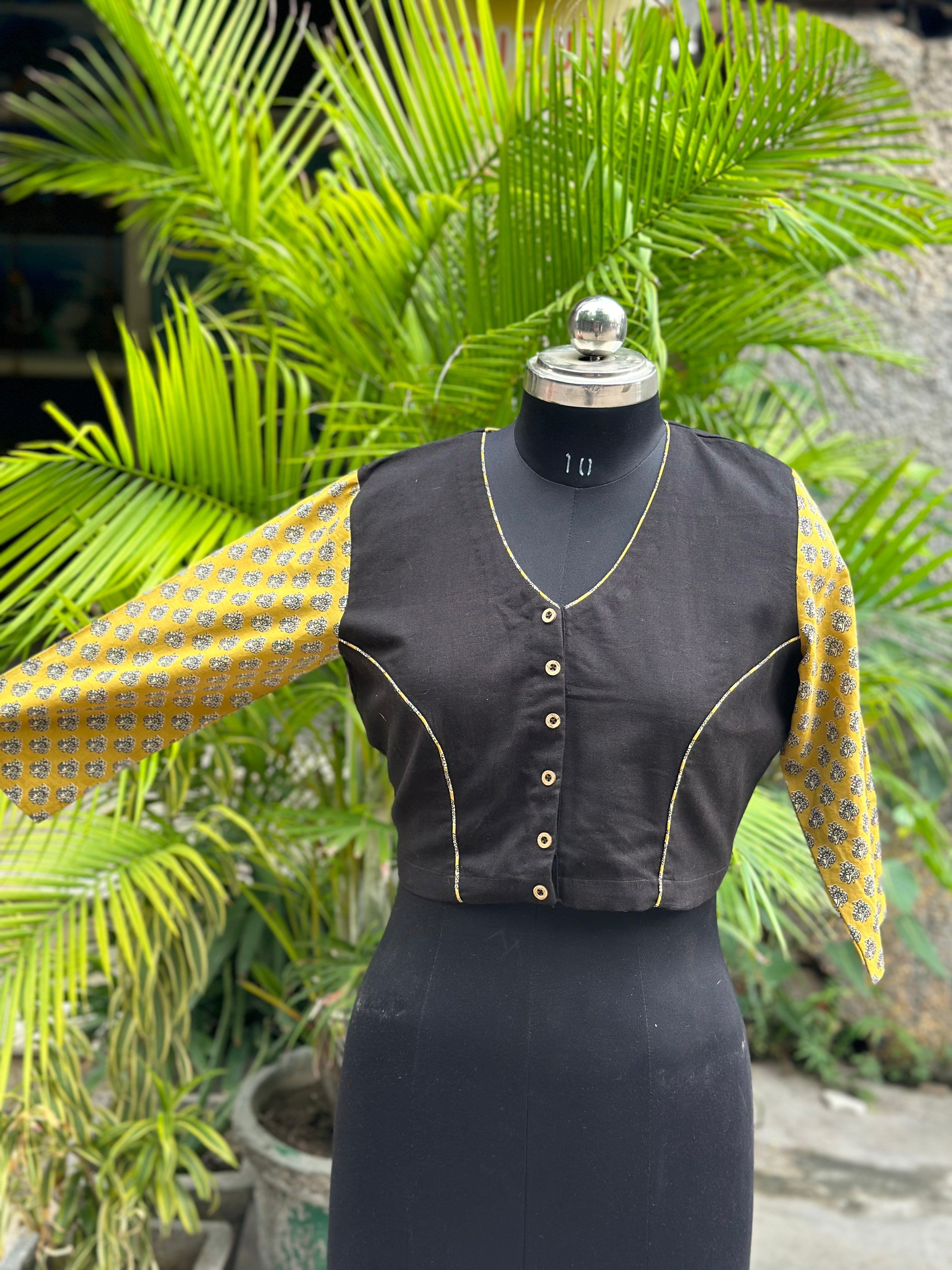 Black cotton V-Neck  blouse with Mustard Bagru Handblock Print sleeves