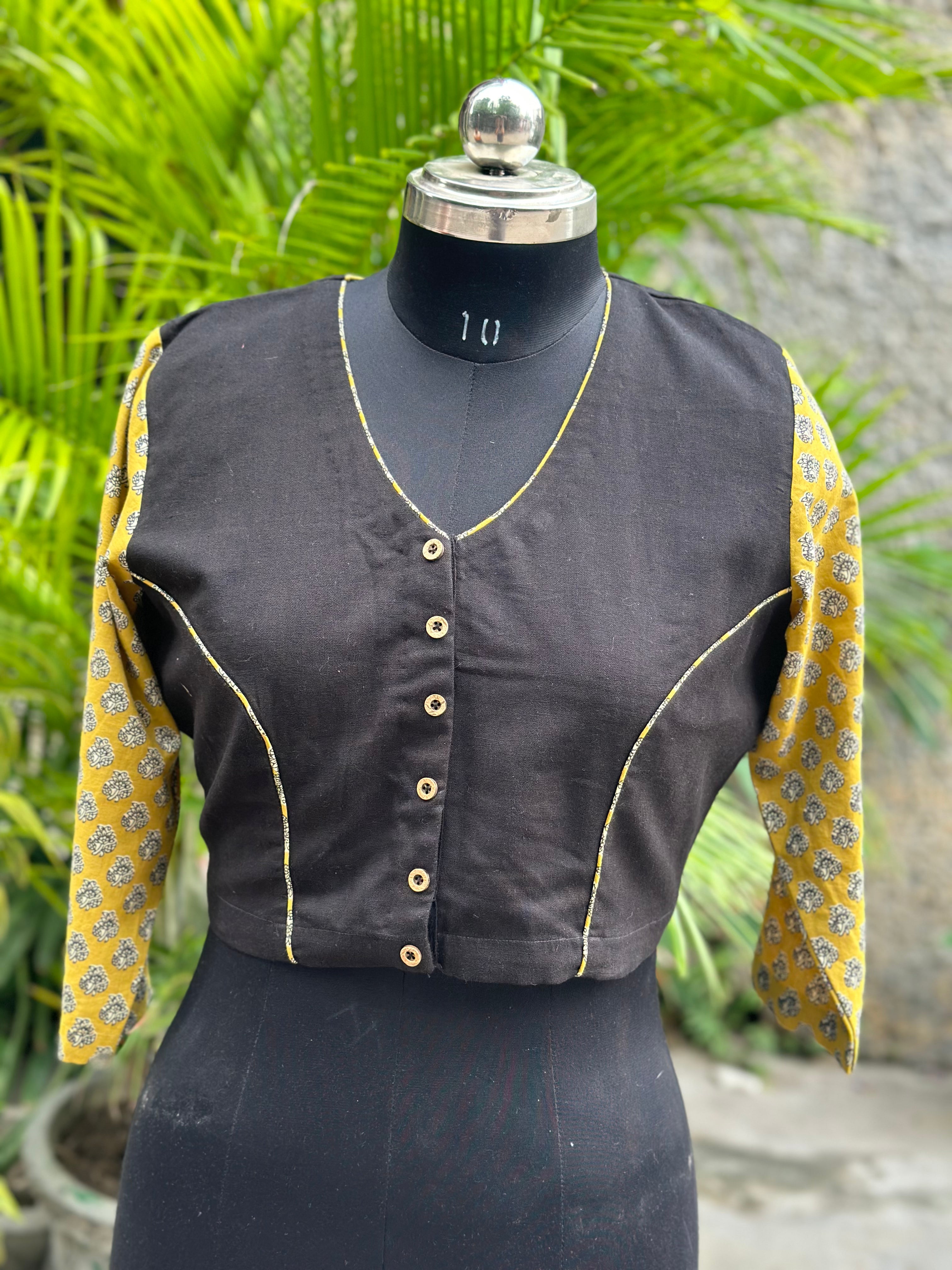 Black cotton V-Neck  blouse with Mustard Bagru Handblock Print sleeves