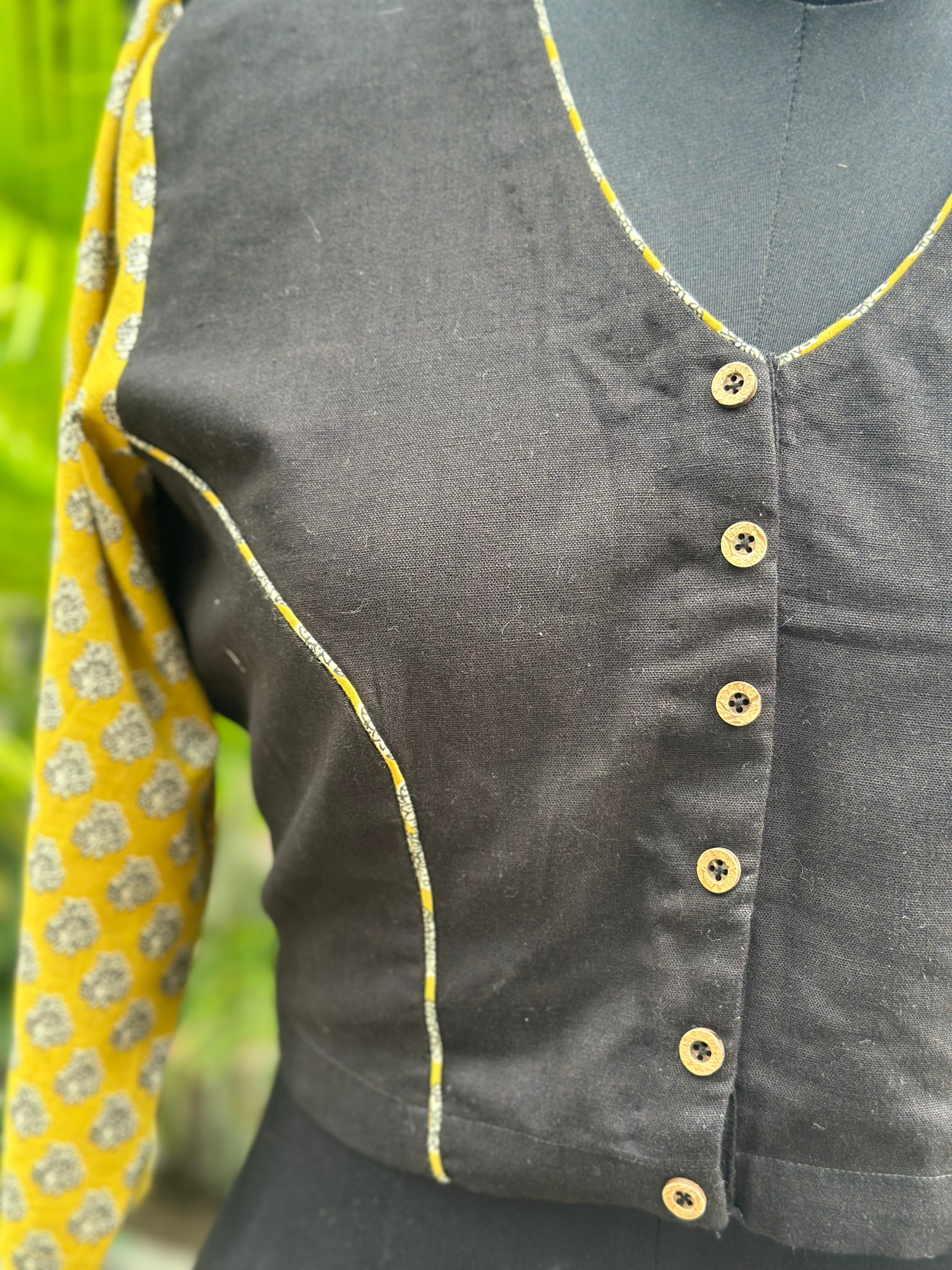 Black cotton V-Neck  blouse with Mustard Bagru Handblock Print sleeves