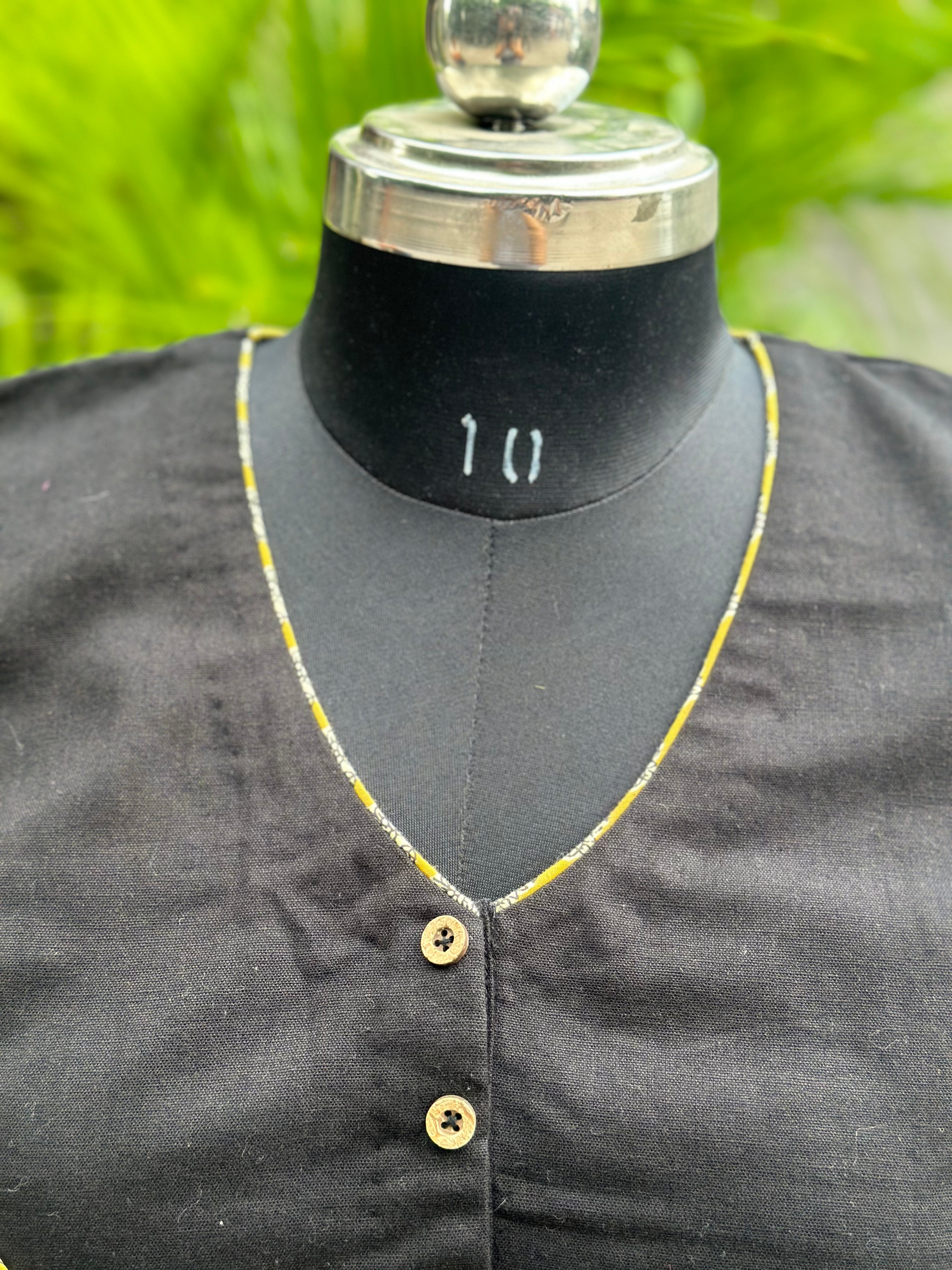 Black cotton V-Neck  blouse with Mustard Bagru Handblock Print sleeves