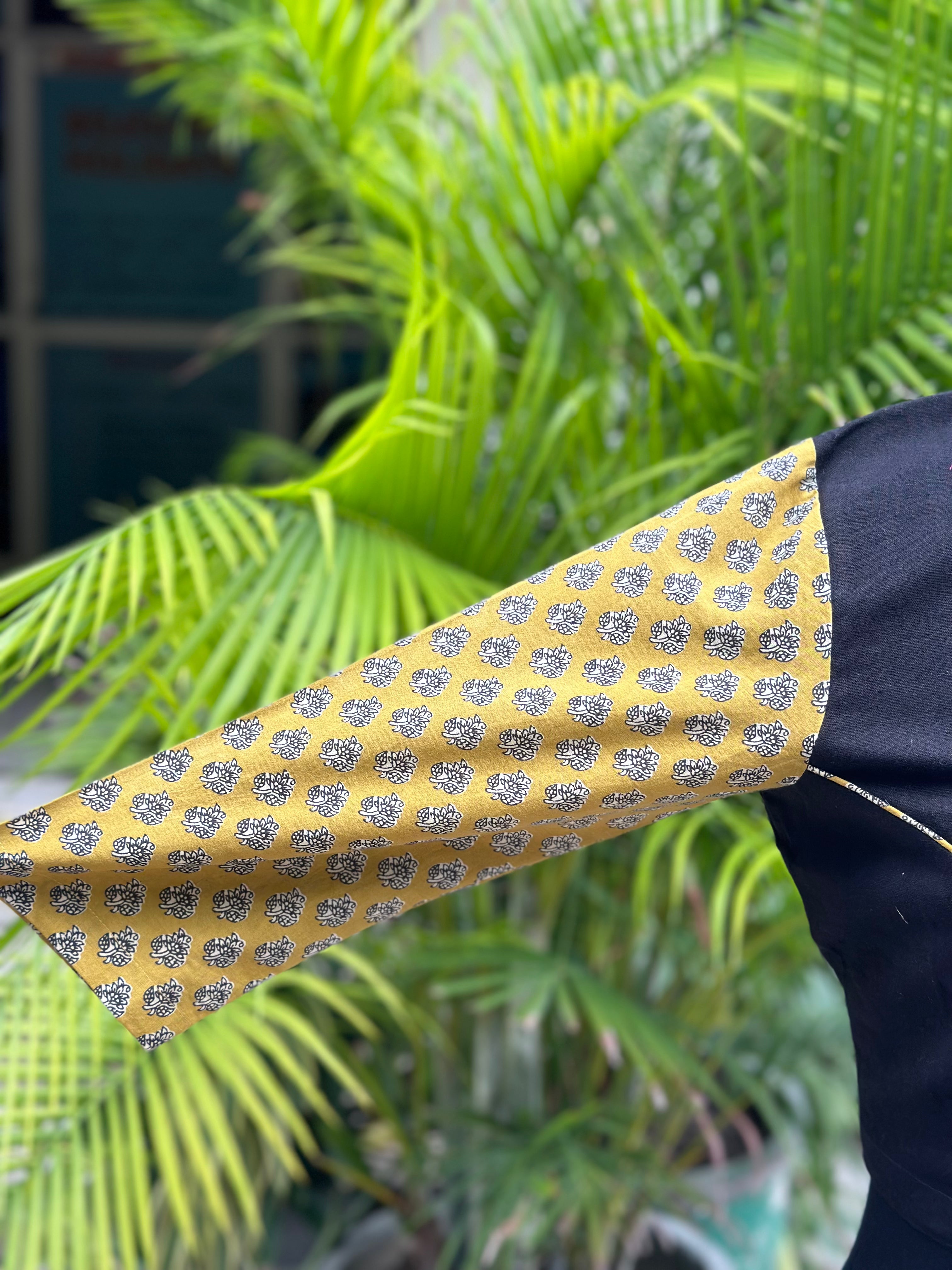 Black cotton V-Neck  blouse with Mustard Bagru Handblock Print sleeves