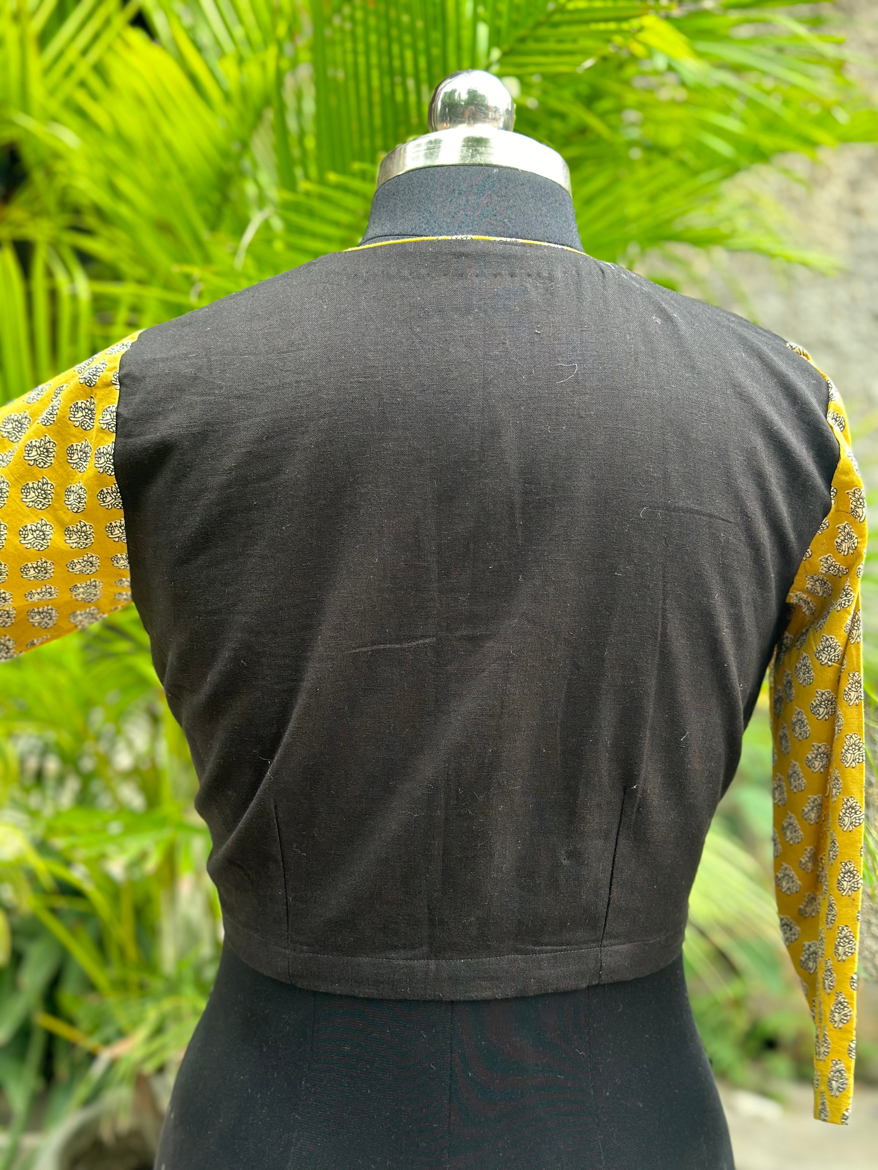 Black cotton V-Neck  blouse with Mustard Bagru Handblock Print sleeves