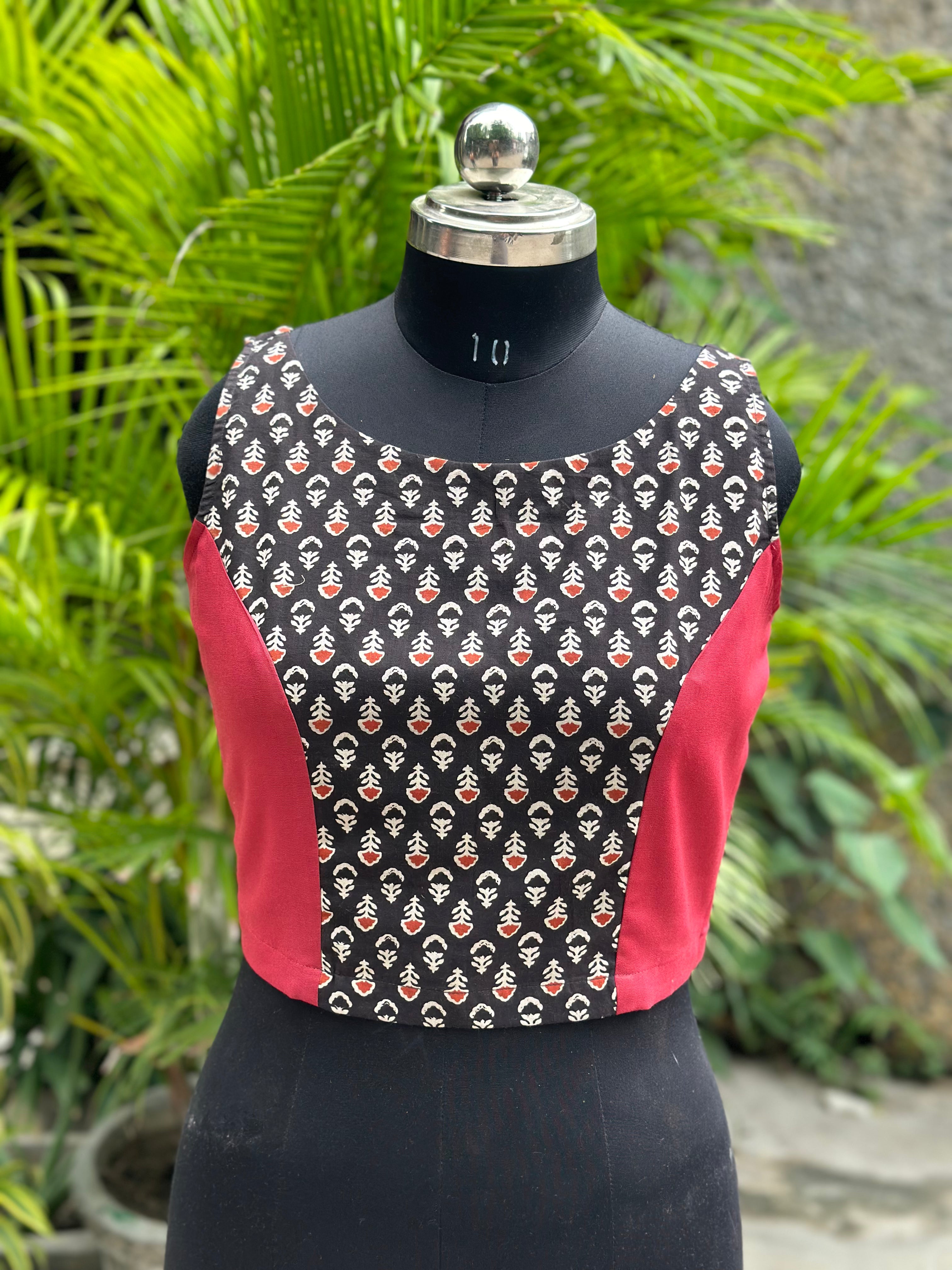 Black Bagru Booti Handblock print sleeveless cotton blouse