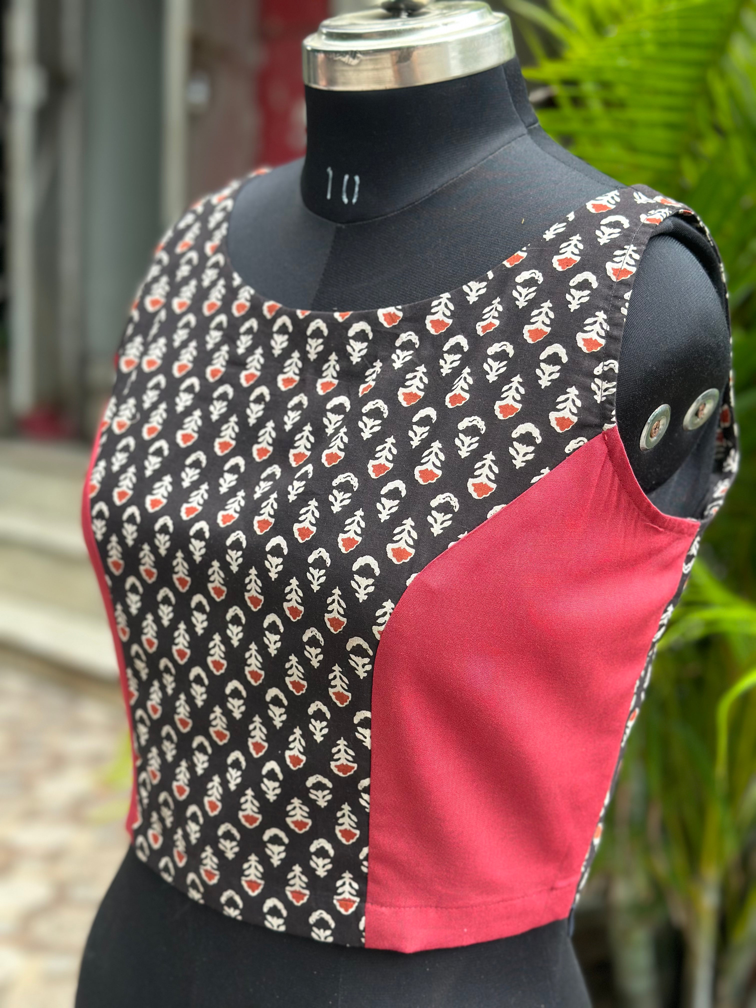 Black Bagru Booti Handblock print sleeveless cotton blouse