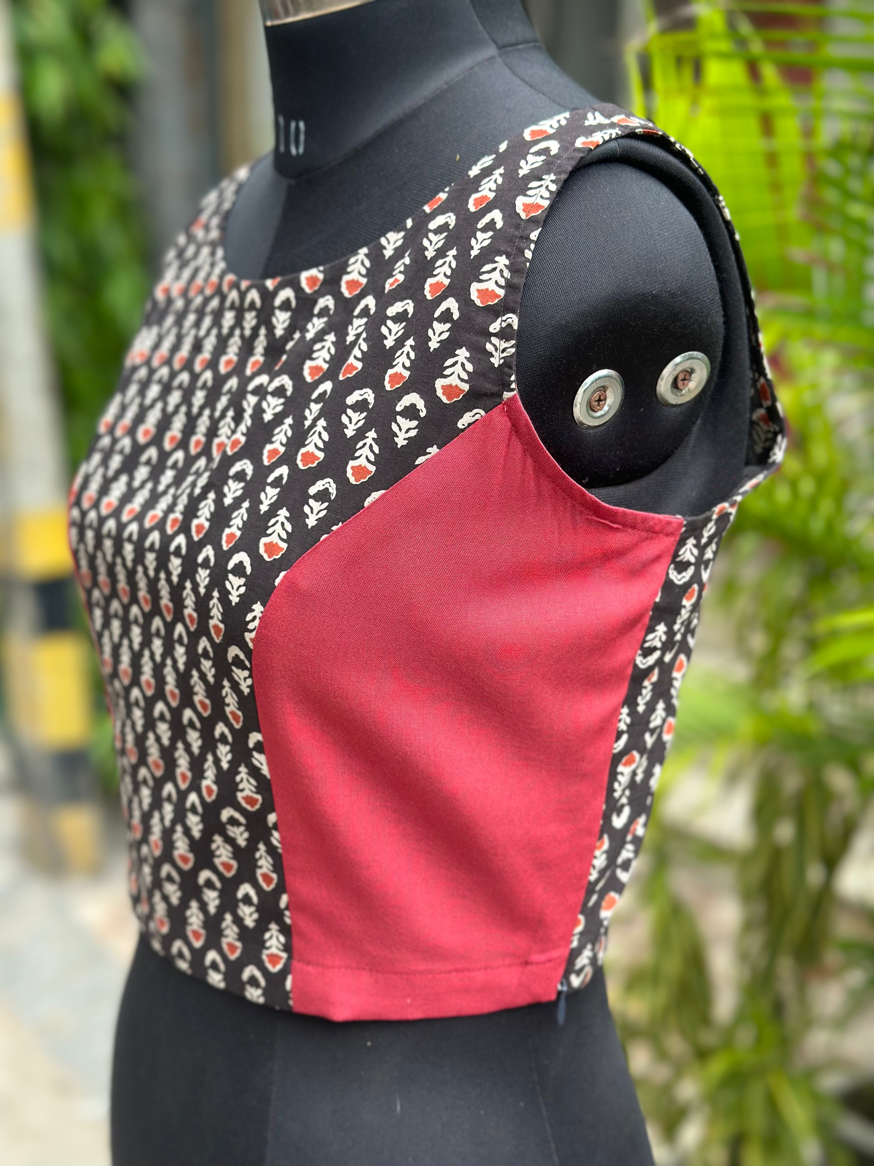 Black Bagru Booti Handblock print sleeveless cotton blouse