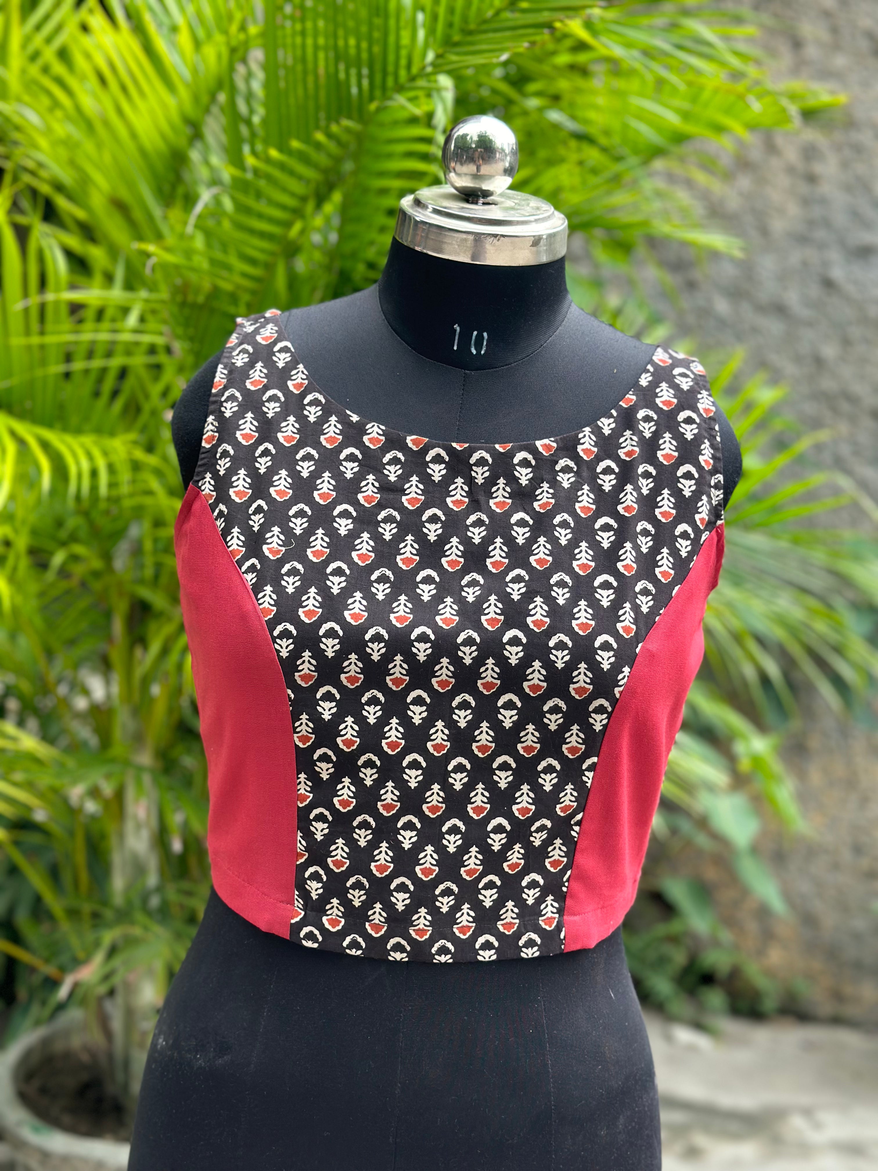 Black Bagru Booti Handblock print sleeveless cotton blouse