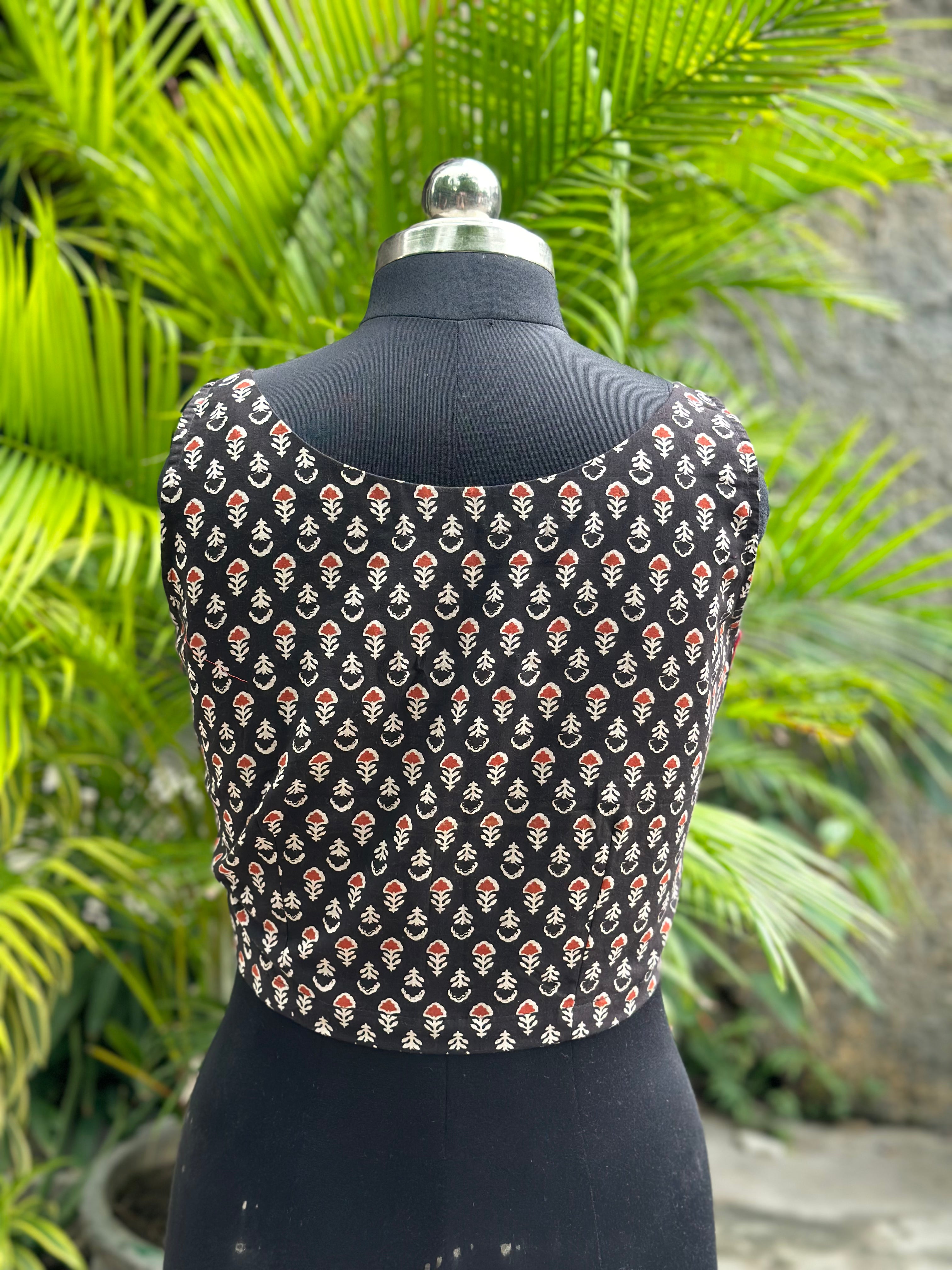 Black Bagru Booti Handblock print sleeveless cotton blouse