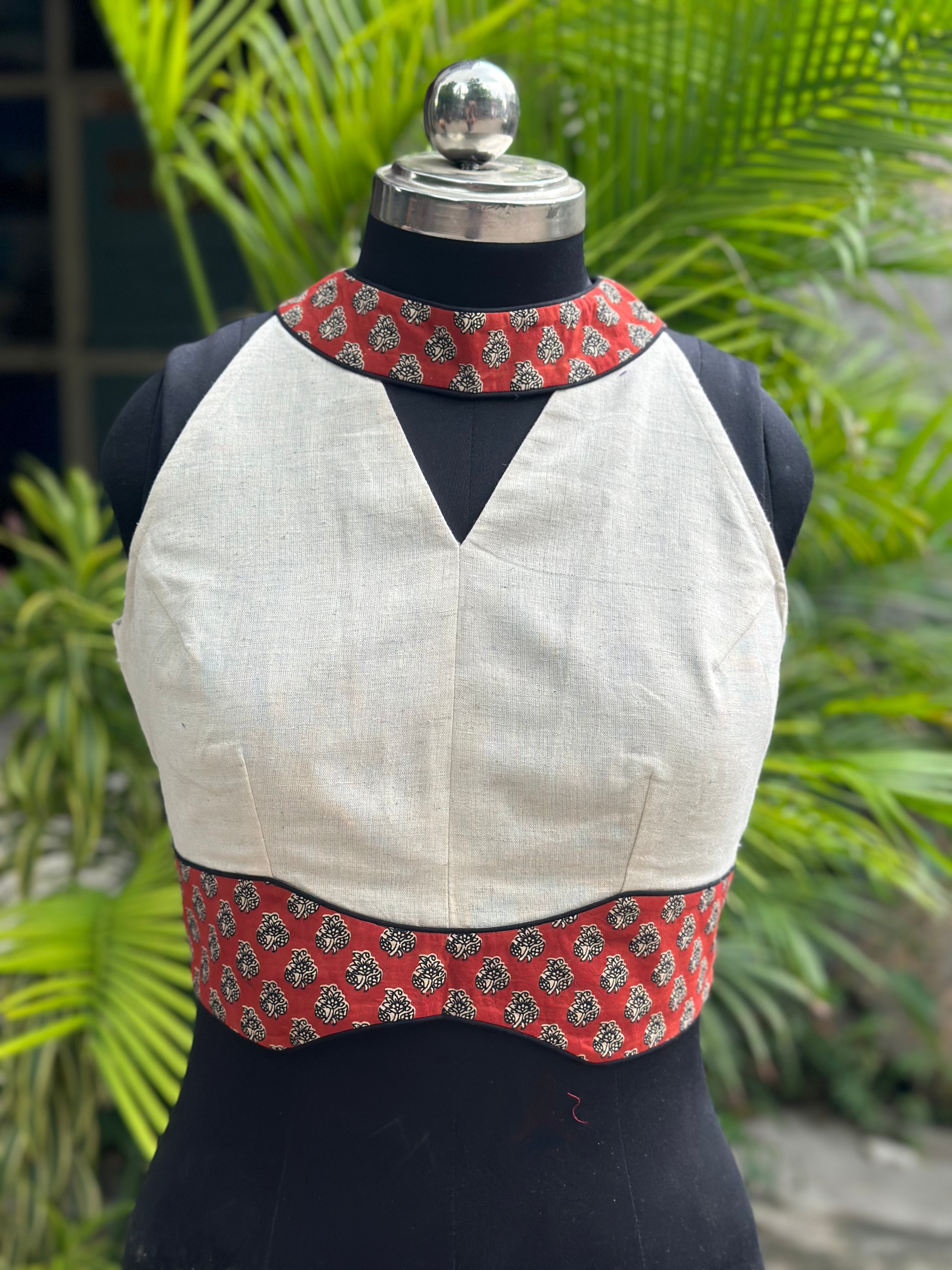 White Halter Neck Cotton Blouse wIth Red Bagru Handblock Print Collar