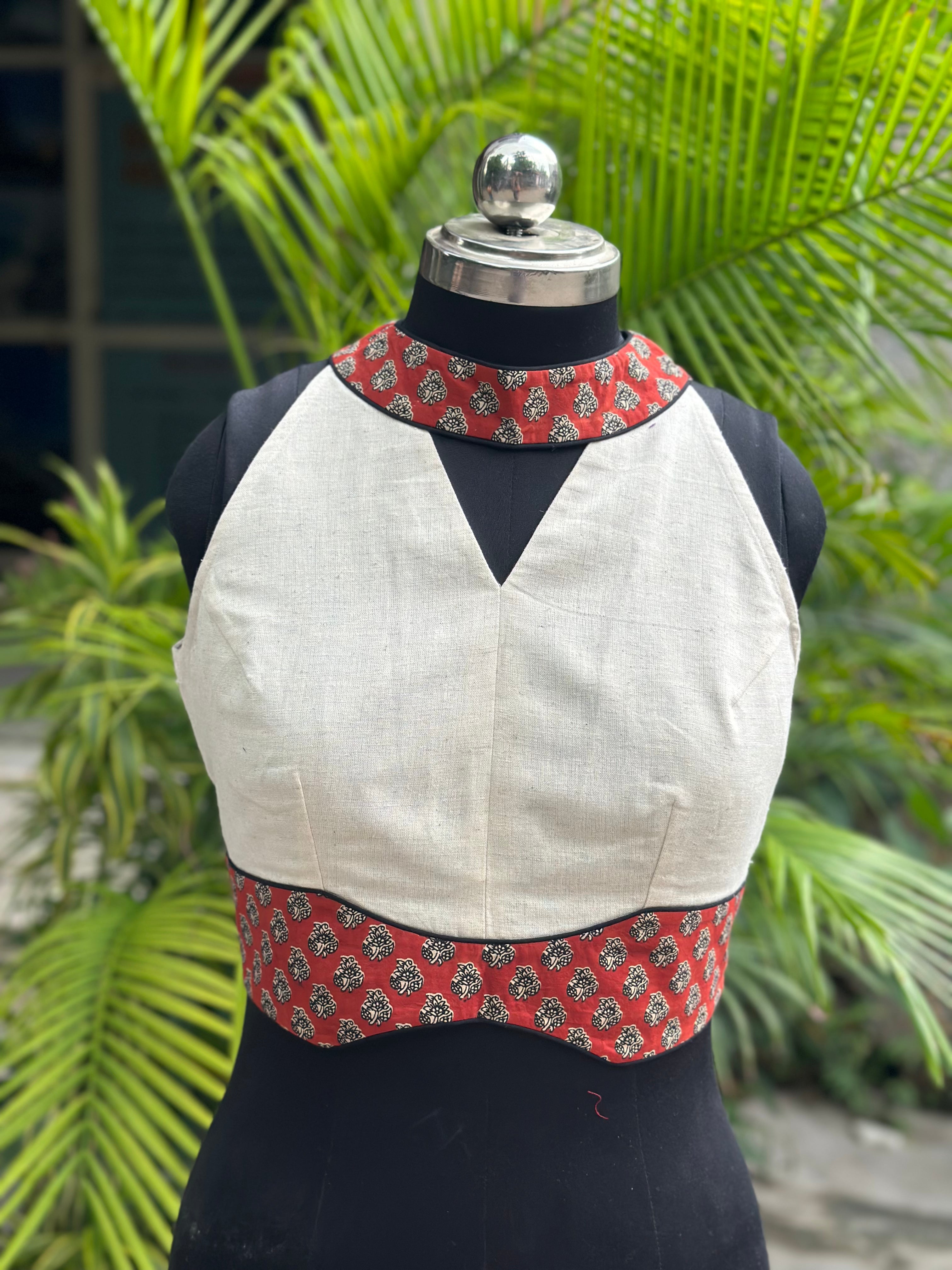 White Halter Neck Cotton Blouse wIth Red Bagru Handblock Print Collar